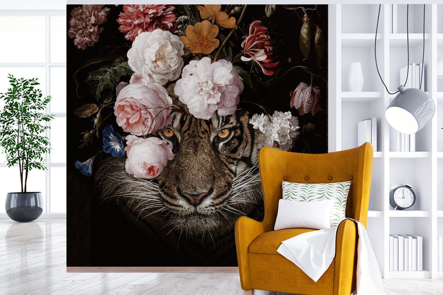 Wohnzimmer Schlafzimmer, (5 MuchoWow St), Tapete Vinyl oder - Tiger Wandtapete Fototapete Blumen - für Matt, bedruckt, Kunst,