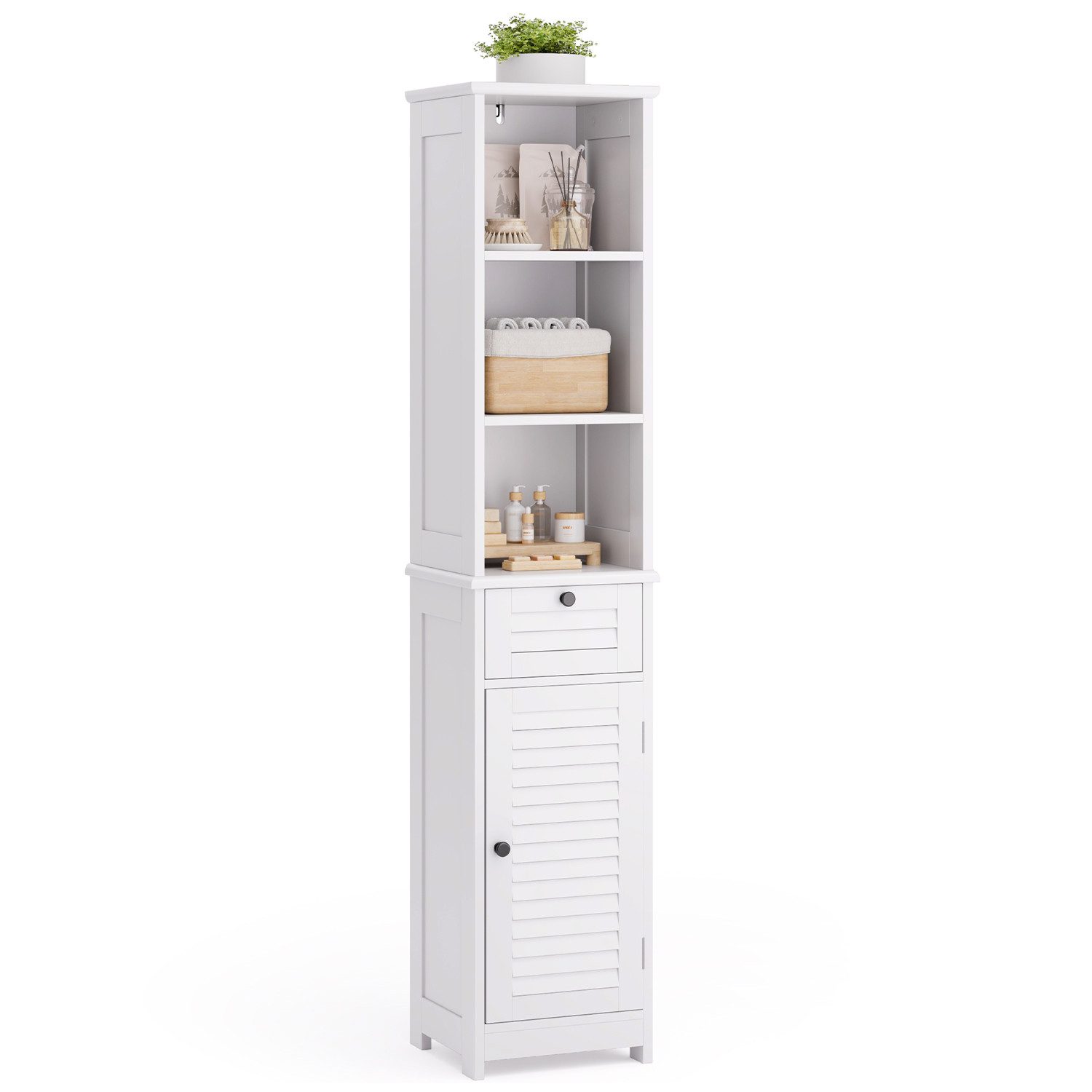 Bealife Badkommode Hochschrank Badschrank mit 3 offenen Fächern, 1 Schubladen, Weiß (2 verstellbaren Einlegeböden) – Bild 5 von 5