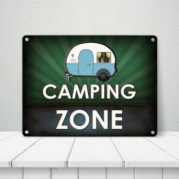 speecheese Metallschild Camping Zone Metallschild in grün mit Wohnwagen Motiv Wohnmobil