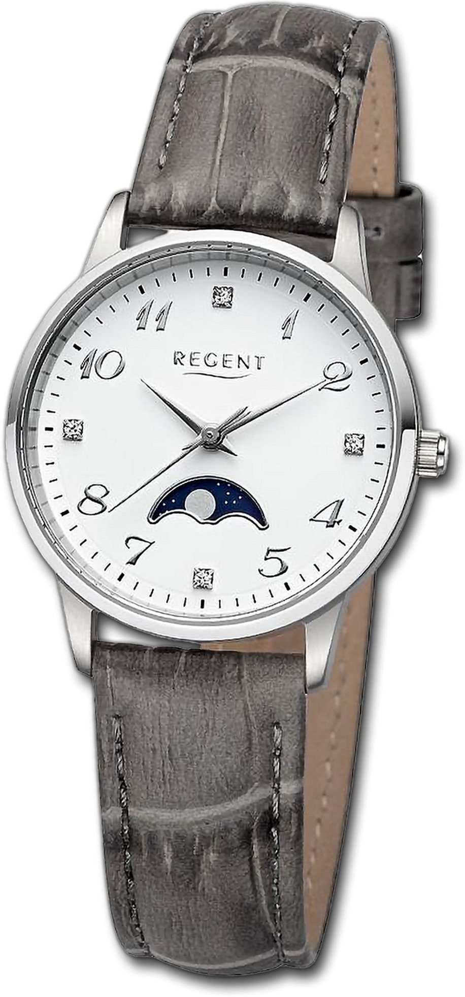 Regent Quarzuhr Regent Damen Armbanduhr extra 31,5mm) Damenuhr Analog, rundes groß Gehäuse, (ca. grau, Lederarmband