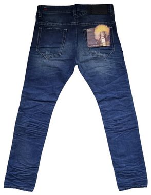 Diesel Slim-fit-Jeans Thavar 0801C (Blau Dunkelblau, Dirty Vintage Look) 100% Baumwolle, Leder Applikation, 5-Pocket-Style