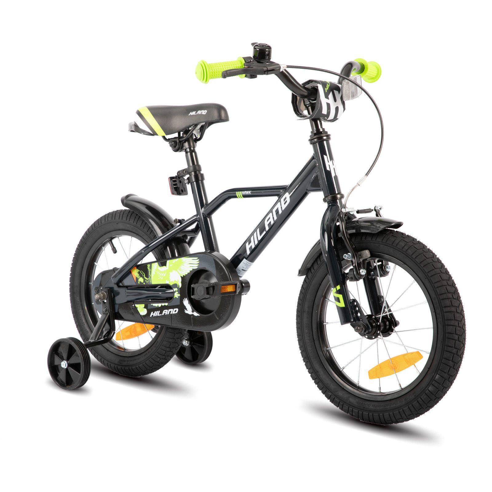 HILAND Kinderfahrrad Hawk 12 14 16 20 Zoll Kinderfahrrad für Jungen 3-10 Jahre, mit Stützrädern, V Bremseund Rücktrittbremse, Hilfsrad, Kotflügel