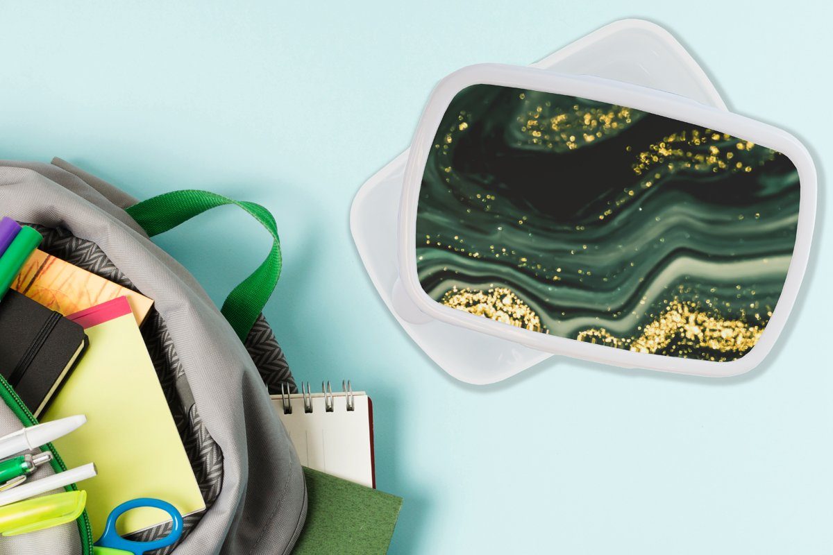 Grün Marmor Glitter Kunststoff, Brotbox MuchoWow Jungs und Lunchbox Kinder (2-tlg), weiß Marmoroptik Erwachsene, Mädchen - - Brotdose, Luxus, für für - - - Gold und