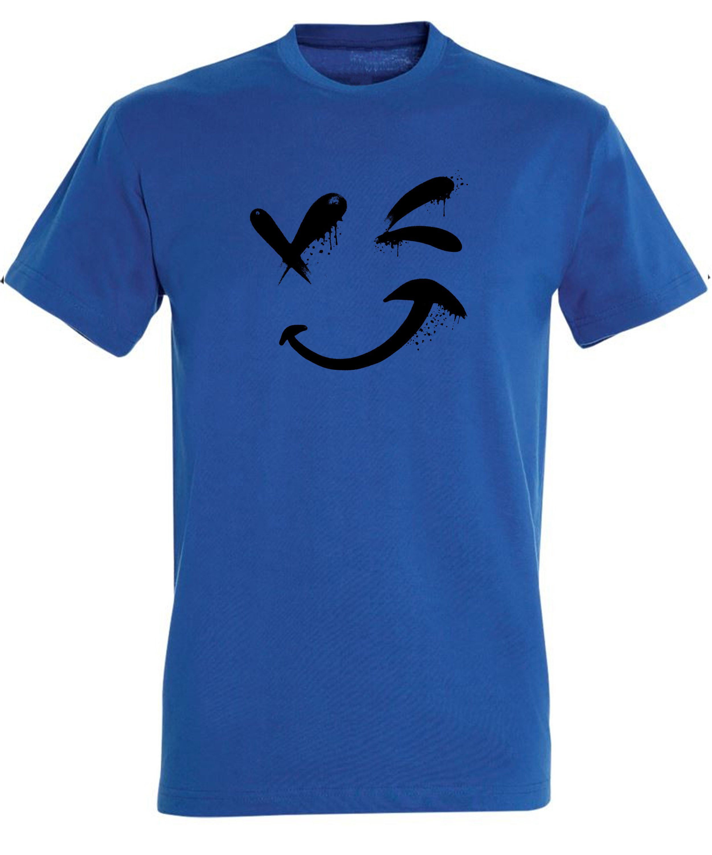 MyDesign24 Baumwollshirt Aufdruck Zwinkernder - Shirt blau Regular T-Shirt Herren mit Fit, i294 Print royal Smiley Smiley