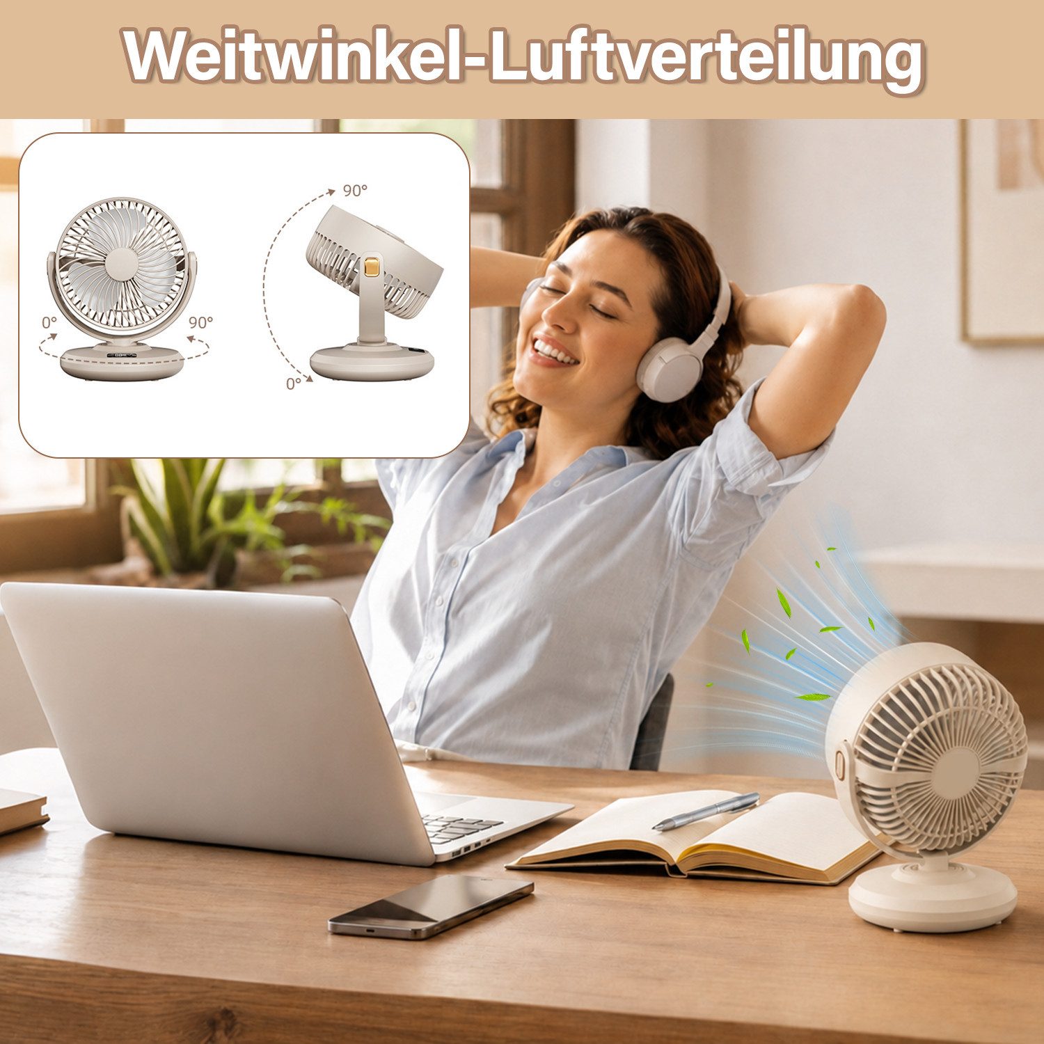 MOPUEA Tischventilator Akku Tischventilator Schwenkbar Mit LED Anzeige 5 Stufen 2 In 1 Design, 90 Grad Schwenkfunktion leiser Betrieb und Akku Nutzung