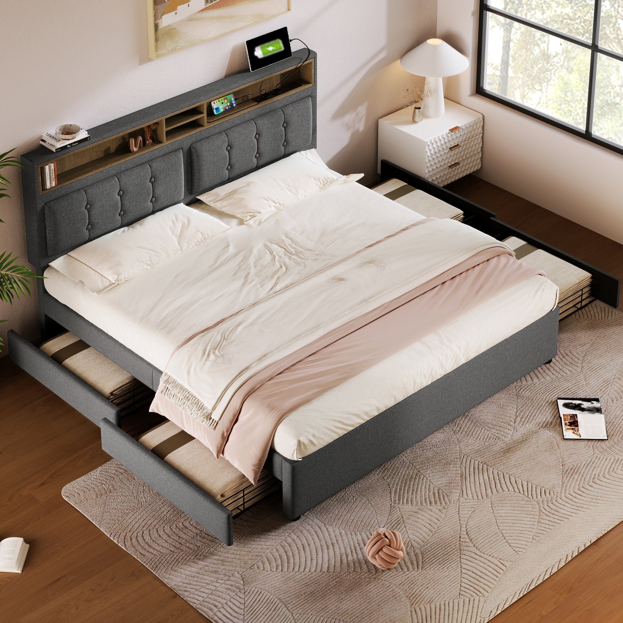 Flieks Polsterbett, Doppelbett mit USB/Typ-C Ladefunktion + 4 Schubladen 16 günstig online kaufen