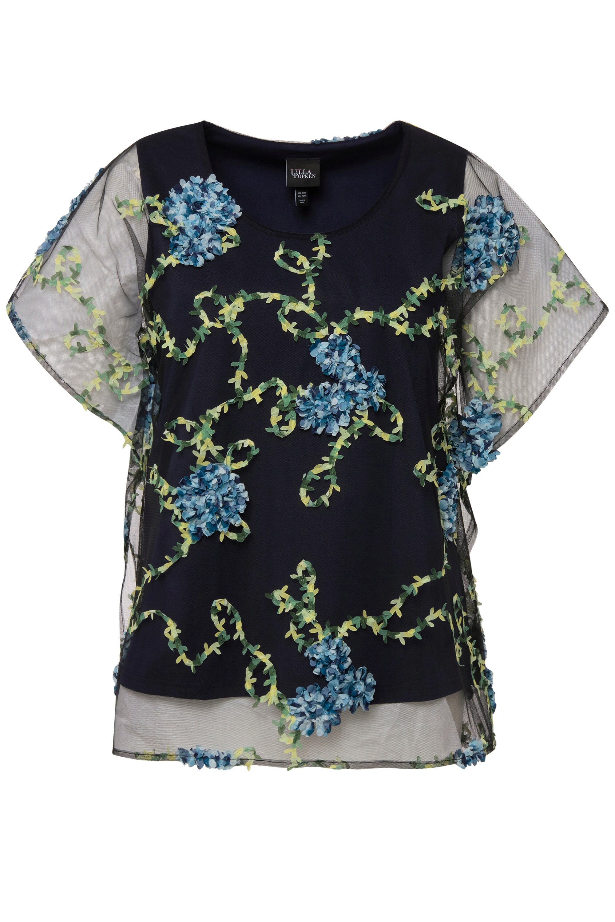 Ulla Popken Druckbluse Bluse Blütenstickerei doppellagig Rundhals Halbarm