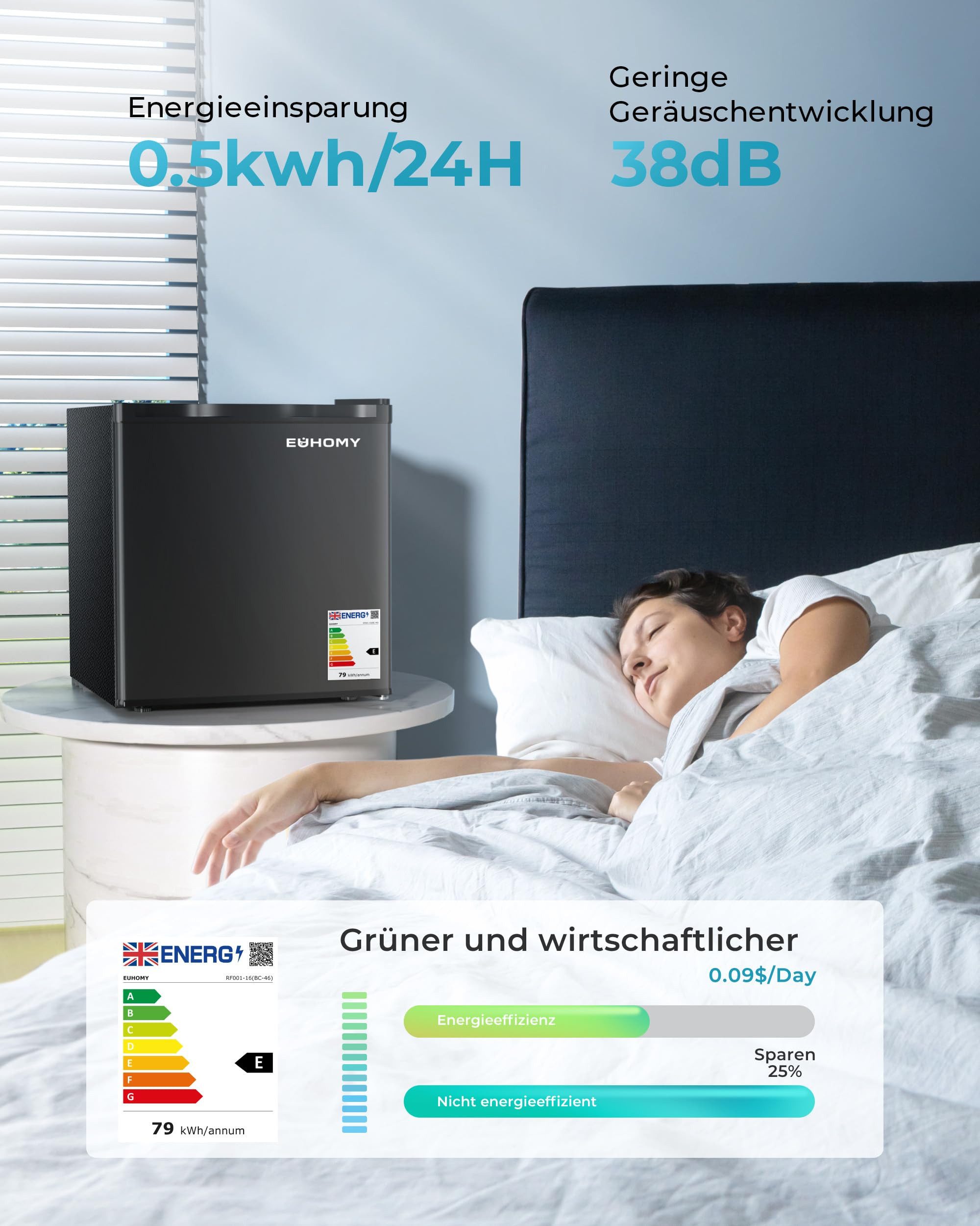 EUHOMY Table Top Kühlschrank 46/90L Kühlschrank, 7-Stufen Thermostat, Leise, Energieeffizienter RF001, 45.8 cm hoch, 44.5 cm breit, No Frost, Schnellgefrierfunk – Bild 5 von 5