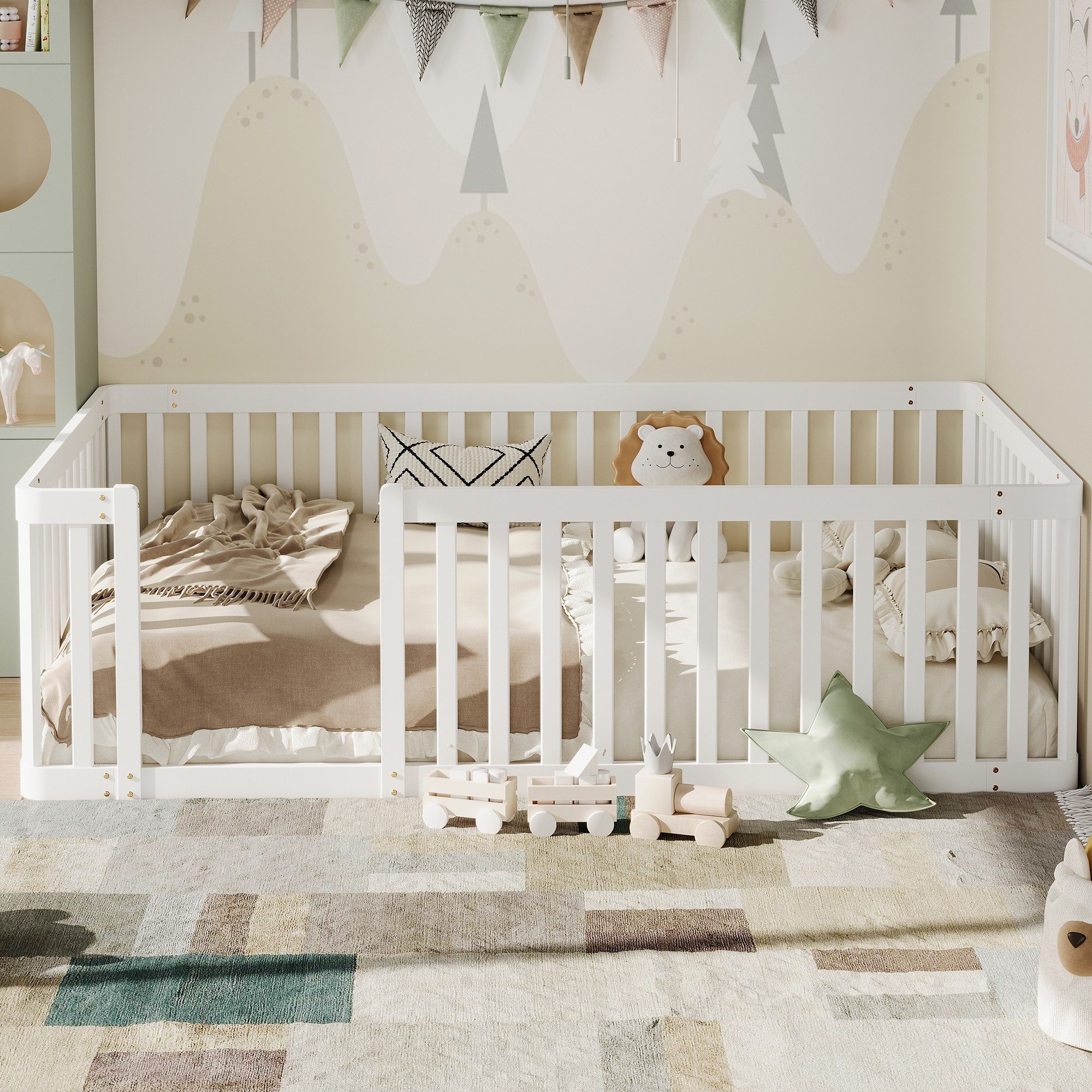 BlingBin Kinderbett 90x200 mit Rausfallschutz, Holzbett Massivholz Kiefer (Holzbett, 1-tlg., 1tlg), Bodenbett mit Zaun halbgeschlossen, Montessori Bett Kinder