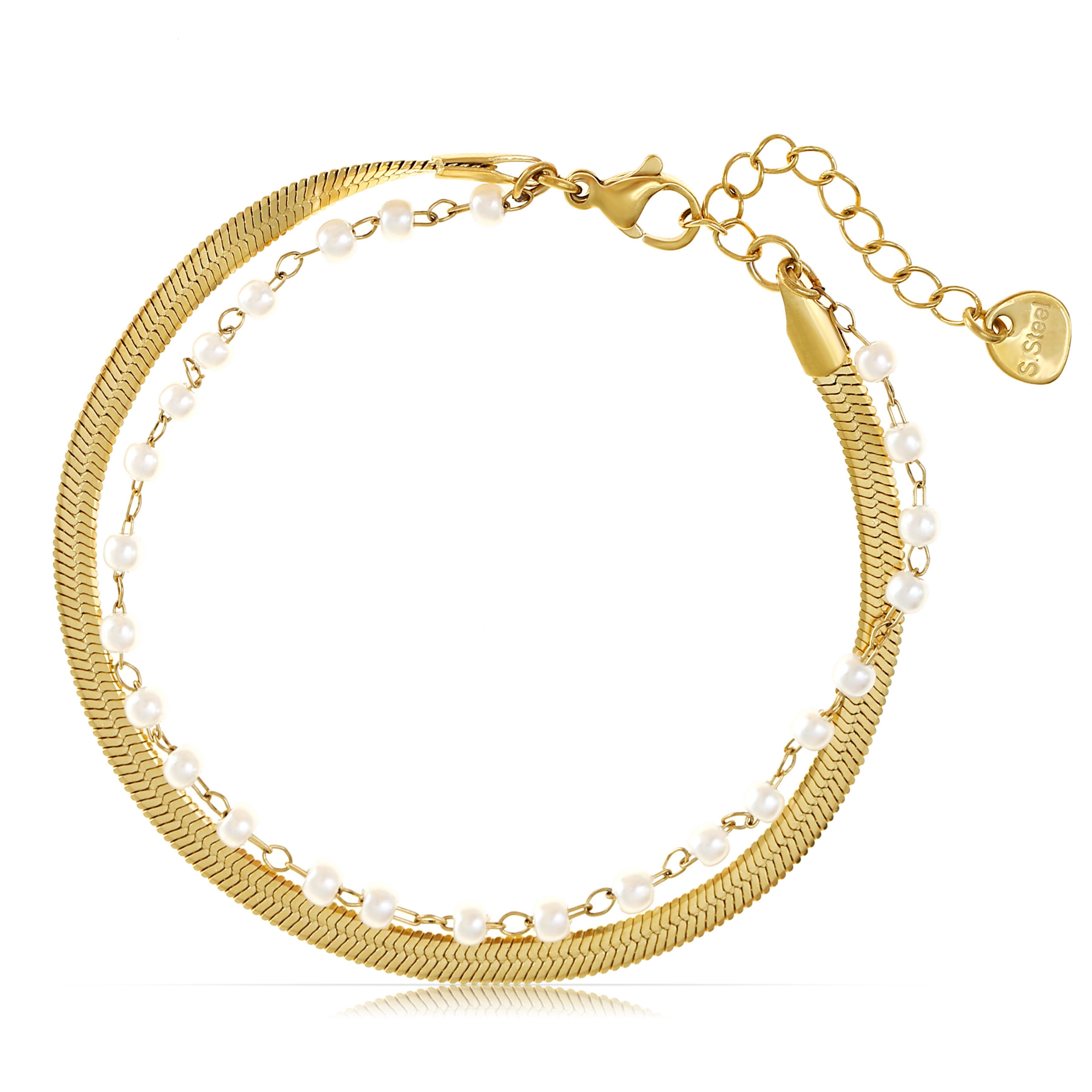 Made by Nami Edelstahlarmband Damen Armband zweireihig gold mit Süßwasserpe günstig online kaufen