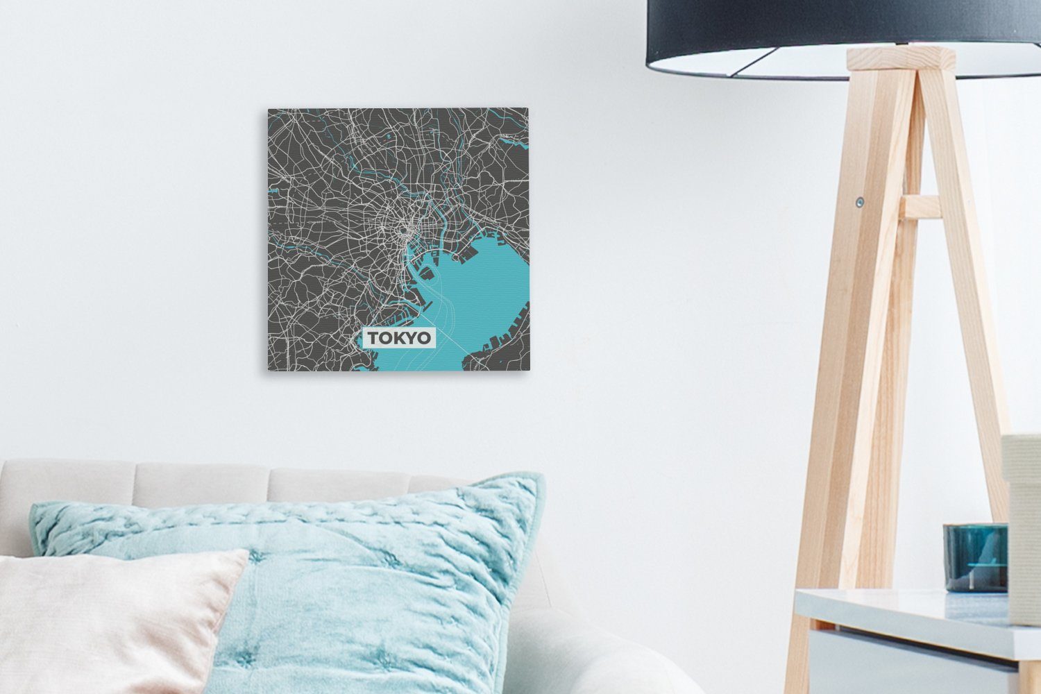Tokio für Leinwandbild Bilder Karte, (1 Wohnzimmer - OneMillionCanvasses® - Leinwand Schlafzimmer Stadtplan - St), Blau