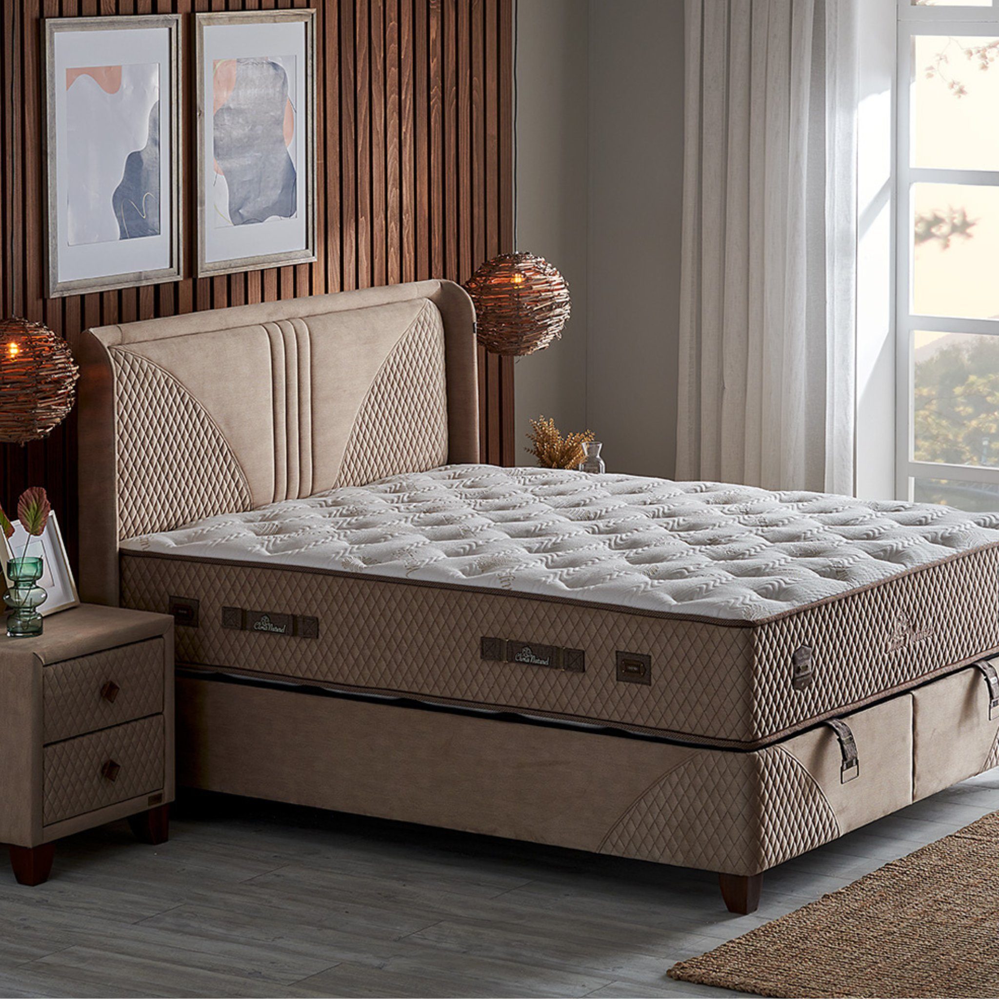 gowoll Boxspringbett 180 x 200 Beige mit Matratze und gepolstertem Kopfteil Luxus bett (Kostenlose Lieferung, gepolstertes Kopfteil + Taschefederkern Matratze + 2 Bettkästen), Doppelbett gepolstertes Kopfteil Bett mit Bettkasten