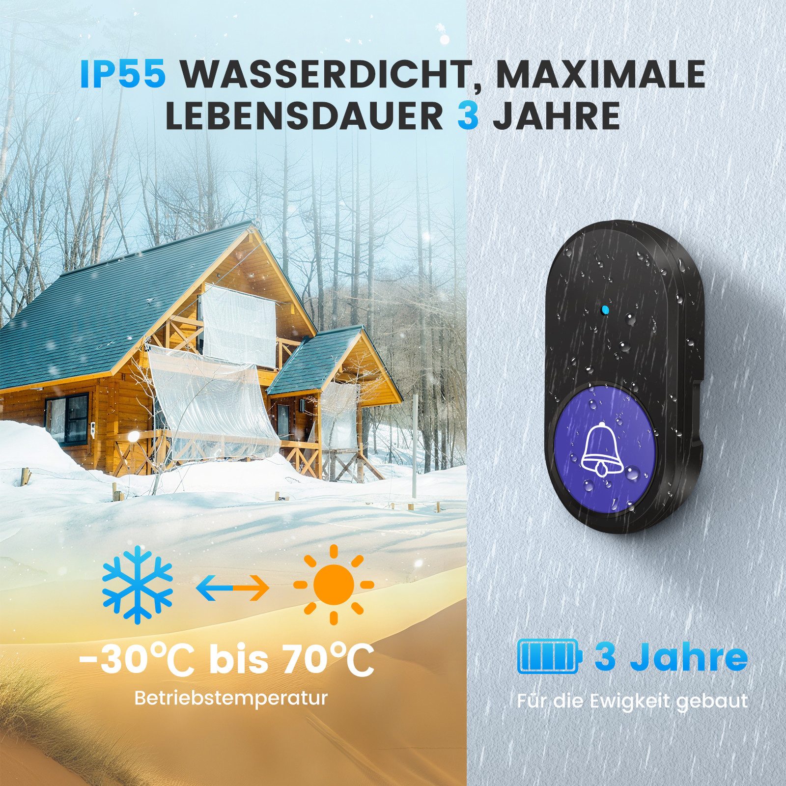 Bundviel Türklingel-Set Funkklingel, 400M Reichweite Türklingel Funk Set, IP55 wasserdicht – Bild 3 von 5