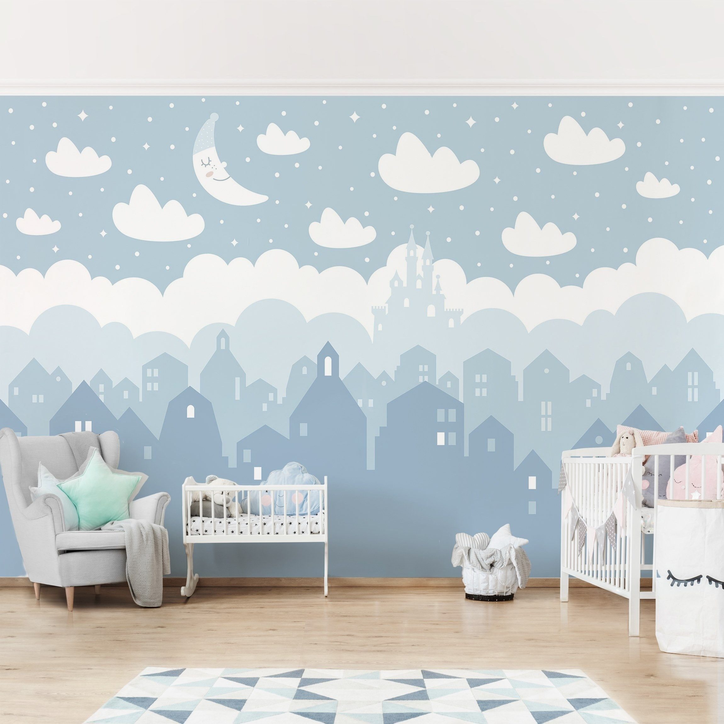 Bilderdepot24 Kindertapete Kinderzimmer Sternenhimmel Häuser Mond blau Kinder Wanddeko, Glatt, Matt, (Vliestapete inkl. Kleister oder selbstklebend), Mädchenzimmer Jungenzimmer Babyzimmer Bildtapete Fototapete Wandtapete