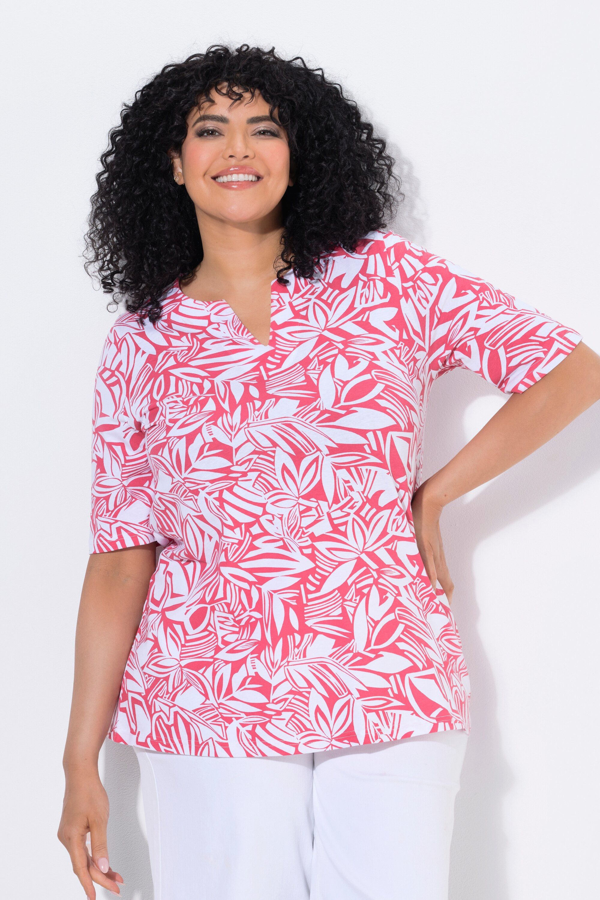 Ulla Popken T-Shirt T-Shirt Blätter A-Linie Tunika-Ausschnitt Halbarm