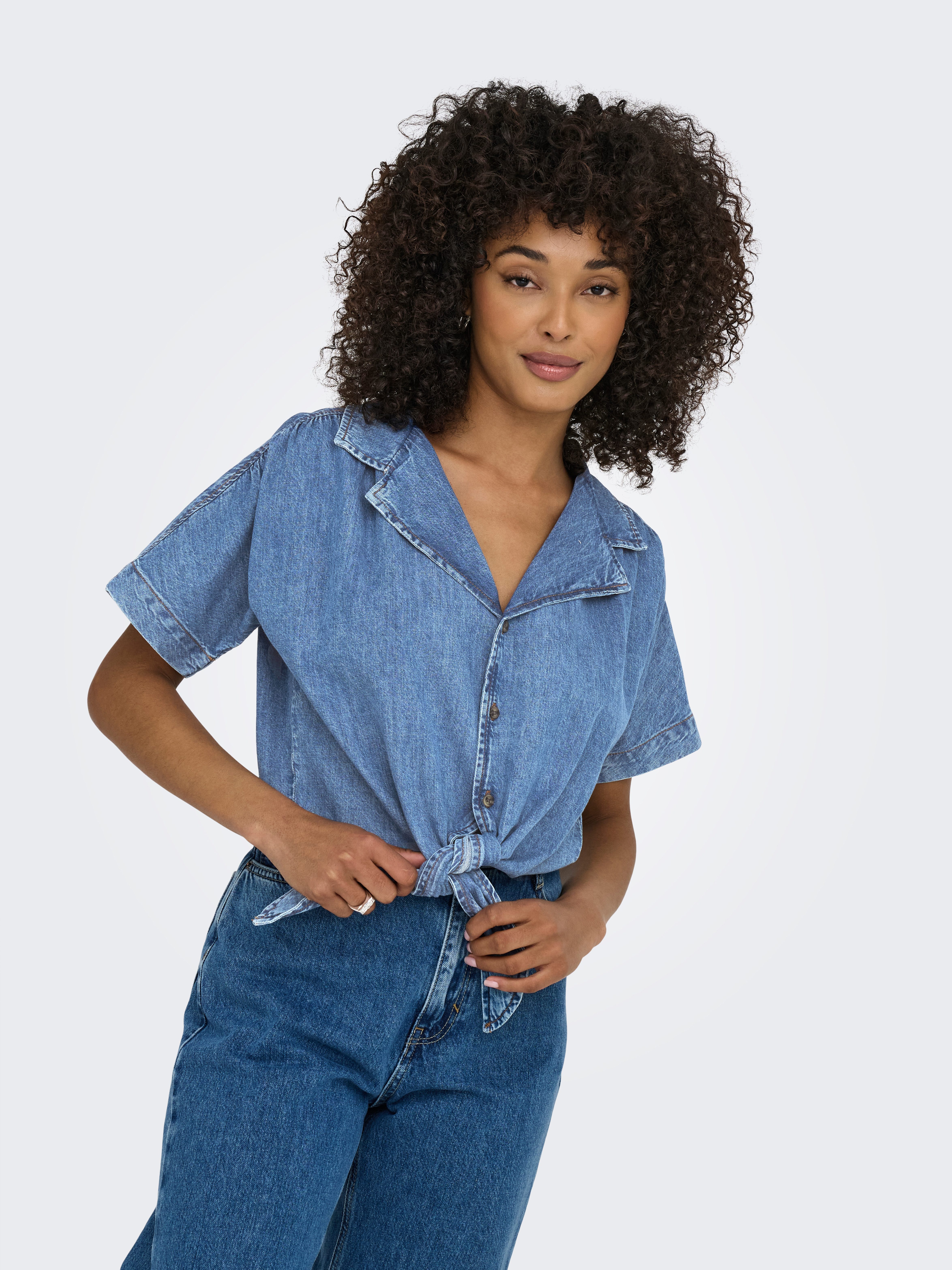 Jeansbluse ONLPAULA S/S TIE SHIRT DNM AKM