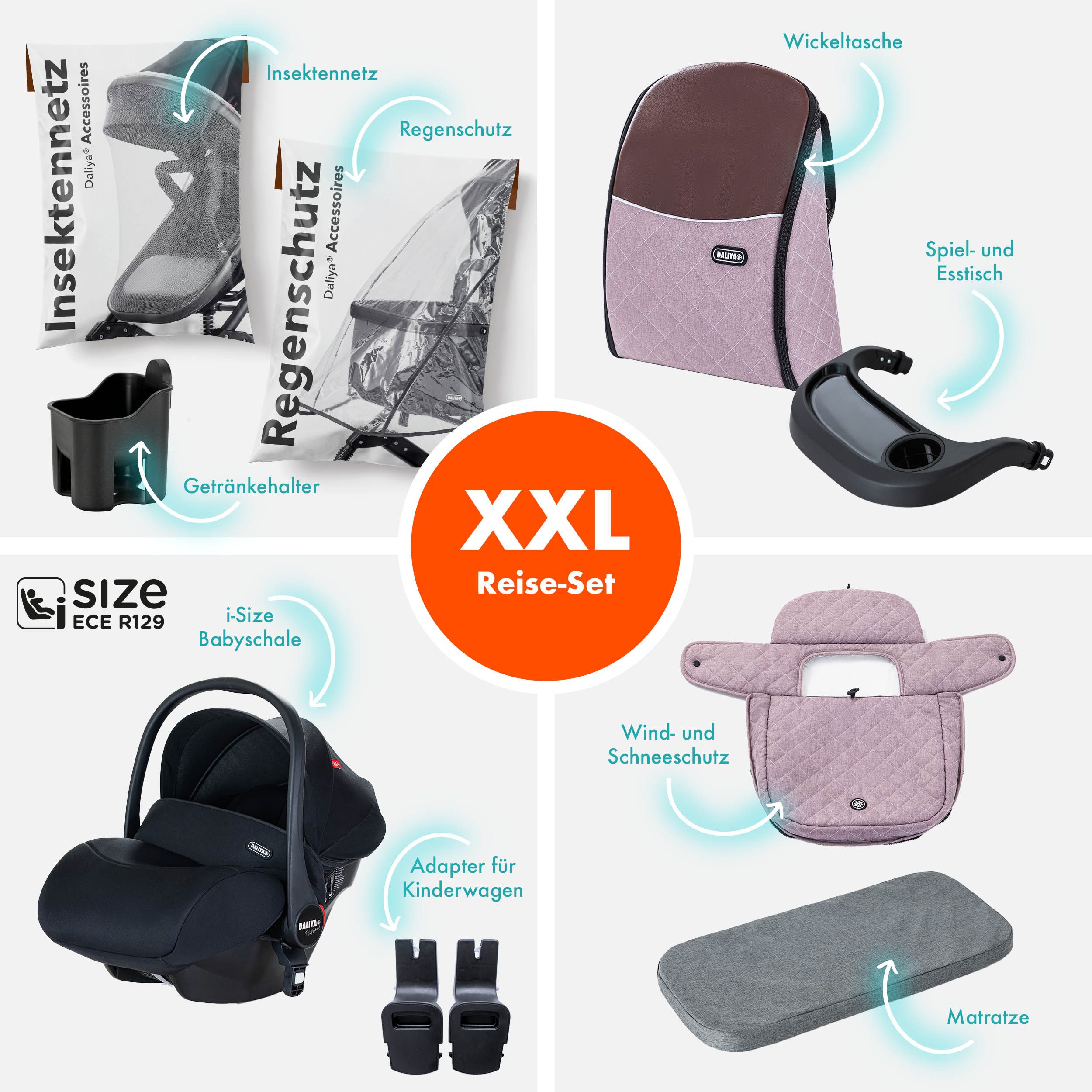 Daliya® Kombi-Kinderwagen BAMBIMO 3in1 Kinderwagen & Buggy mit Auto-Babyschale und Adapter, (XXL-Set inkl. Wickeltasche und Spieltisch, 15-tlg), Babyschale, Airless-Räder, Federung, weiche Matratze, Belüftungssystem
