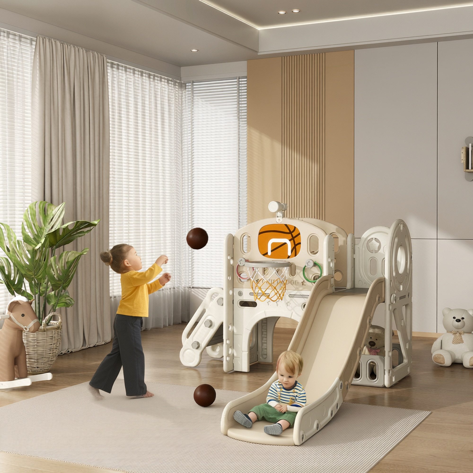 AIYAPLAY Rutscher Klettergerüst mit Teleskop, Tunnel und Aufbewahrungskorb, (Kinderrutsche, 1-tlg., Kleinkinderrutsche), für 1 bis 6 Jahre Kinder – Bild 2 von 5
