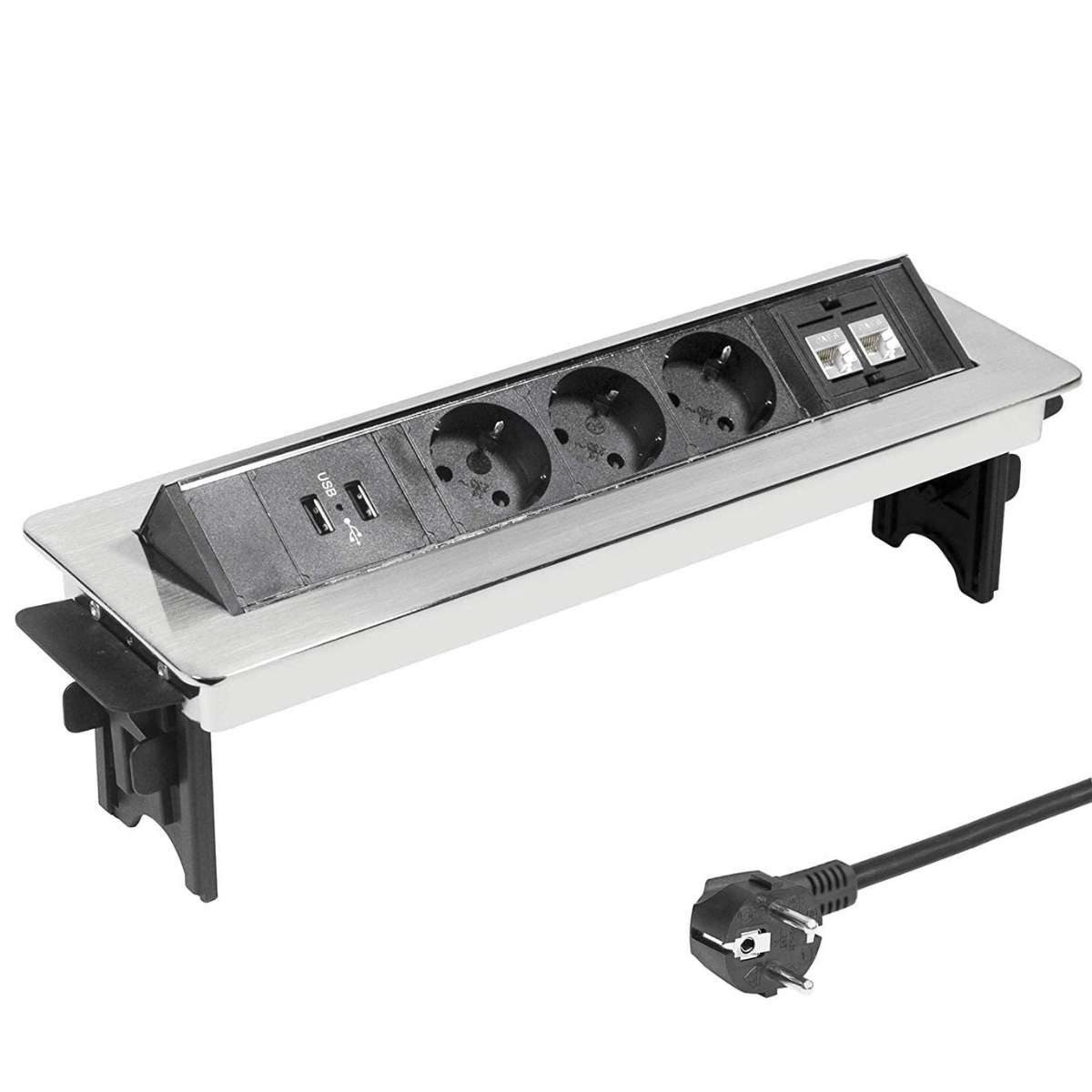 Elbe Inno EL4703URM Tischsteckdose versenkbar mit Deckel Steckdosenleiste 3-fach (USB-Anschlüsse, Klappdeckel, Ethernet-Kabel-Anschlüsse, Kindersicherung, Überlastungsschutz, Kabellänge 1,5 m), Mehrfachsteckdose aus Aluminium, 3500W, 250V
