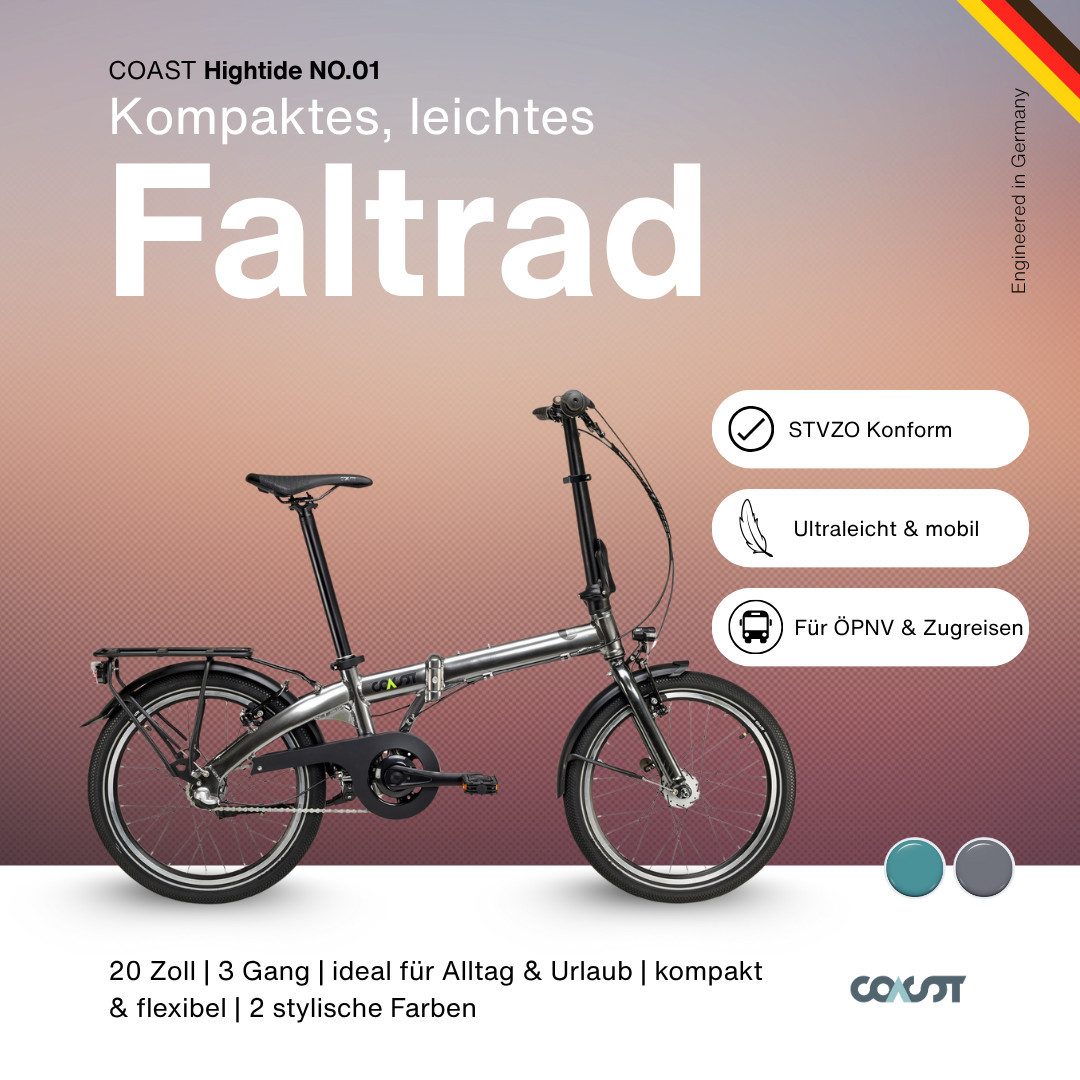 COAST-BIKES Folding Bike HIGHTIDE NO. 01 3S, Folding Bike, 20 inch, 14.1 KG, 3-speed, Lightweight & Compact, 3-speed