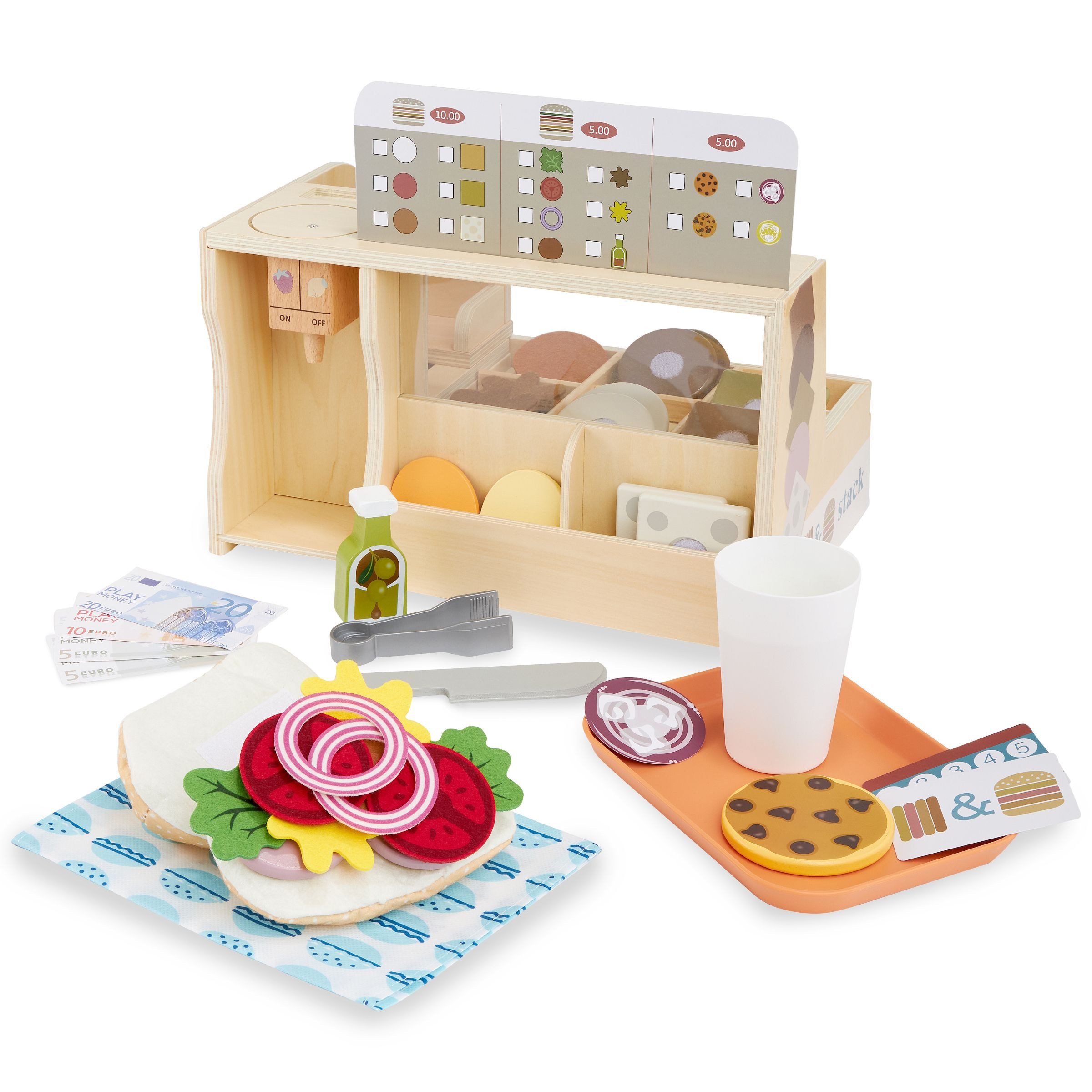 Mamabrum Spiel-Einkaufswagen Holz-Bar für Kinder 3+, Spielzeugrestaurant, Spielnahrung