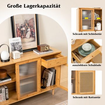 COSTWAY Küchenbuffet mit Glas Schiebetür, Rattantür & Schublade 120x35x83cm