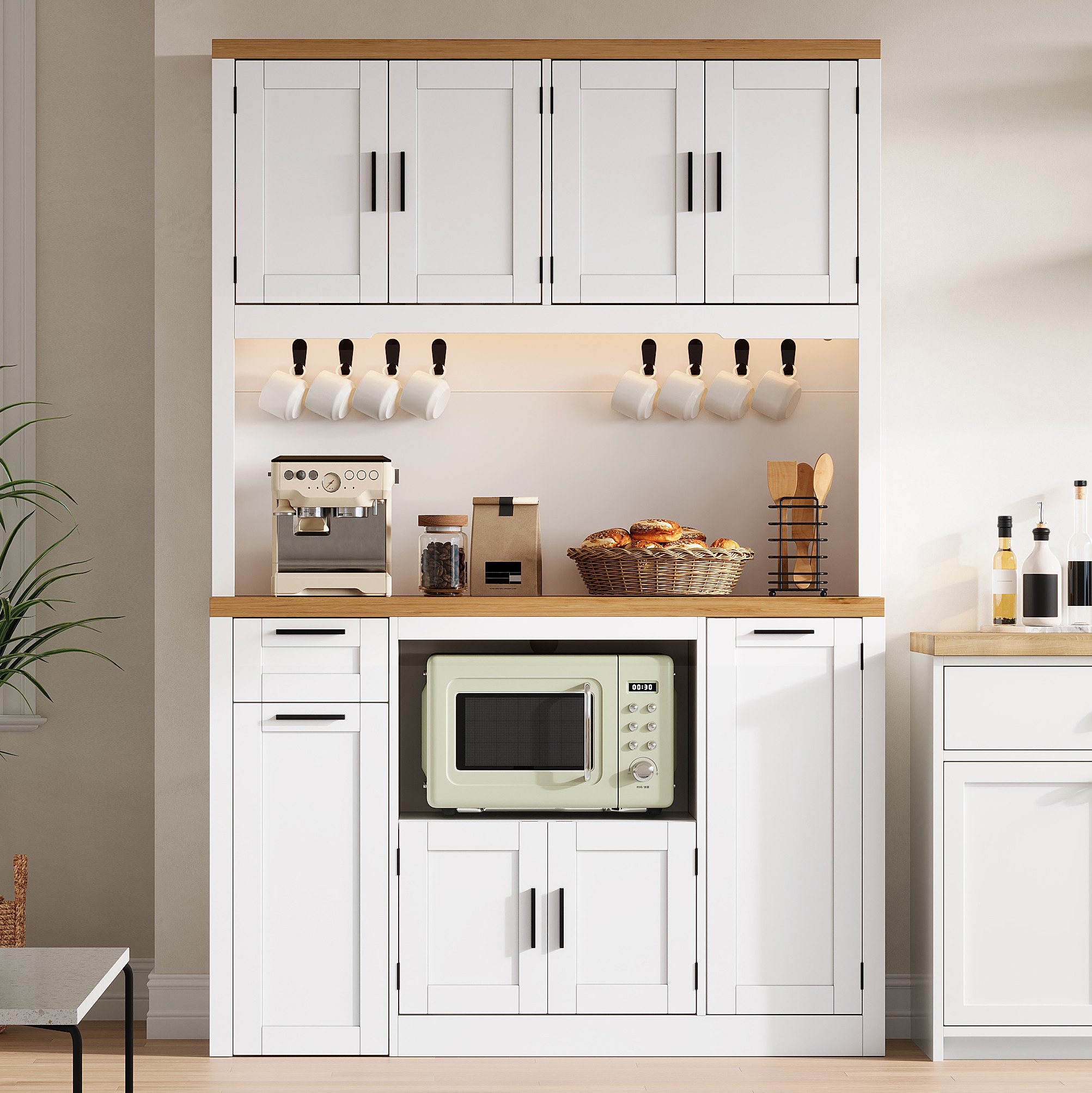 Flieks Küchenbuffet Hochschrank mit Arbeitsplatte Natur, LED-Beleuchtung, Steckdosen (120x40x182 cm, 1-St., Mehrzweckschrank mit verstellbarer Einlegeböden, Lad – Bild 2 von 5