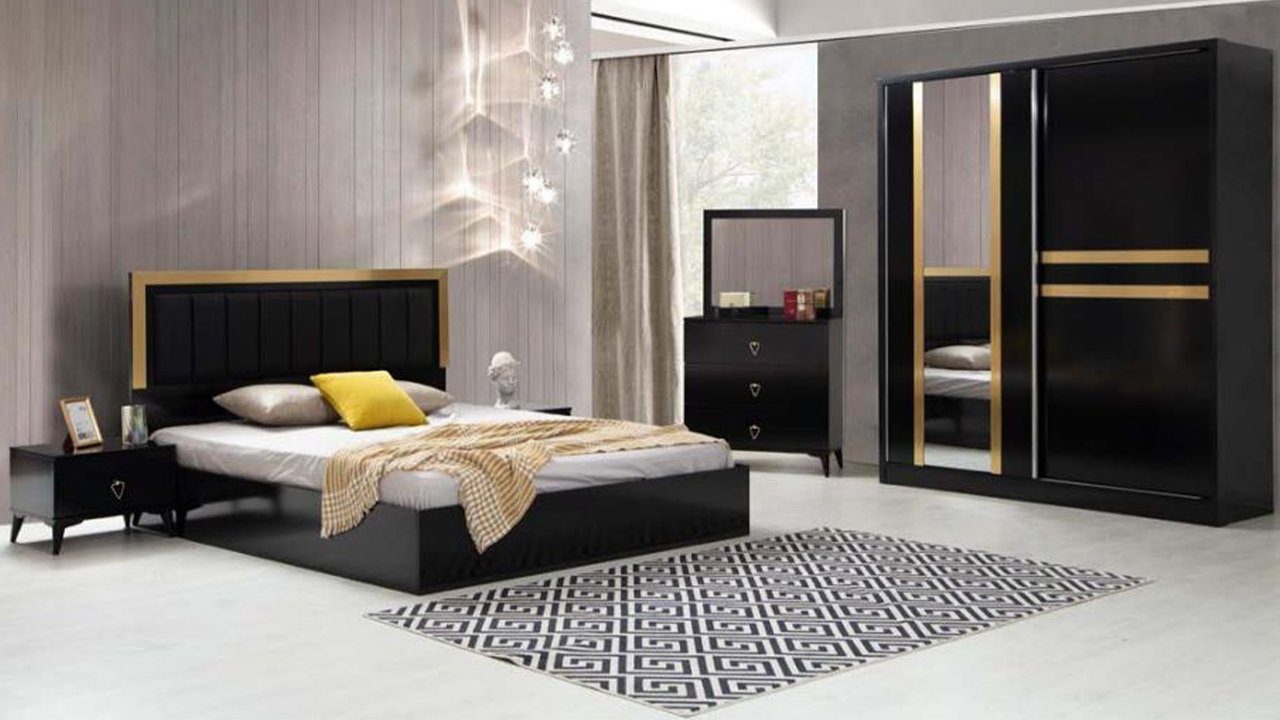JVmoebel Schlafzimmer-Set Schwarz-Goldenes Schlafzimmer Set Bett 2x Nachttische Kommode Spiegel, Made In Europe