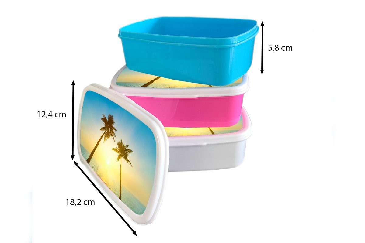MuchoWow Lunchbox Strand - weiß (2-tlg), Brotdose, und Brotbox Kunststoff, Erwachsene, und - Sonnenuntergang Jungs Palmen, Kinder Mädchen für für