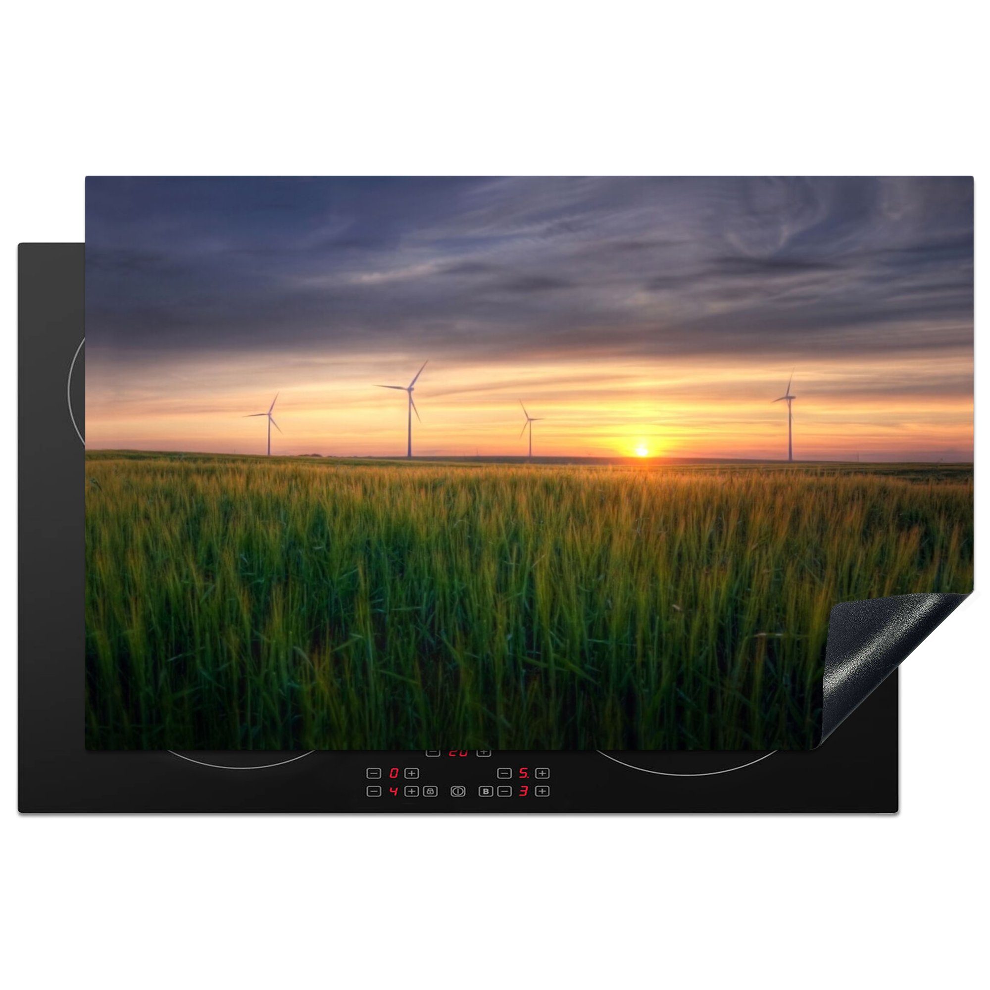 MuchoWow Herdblende-/Abdeckplatte Windmühle - Sonne - Gras, Vinyl, (1 tlg), 80x52 cm, Induktionskochfeld Schutz für die küche, Ceranfeldabdeckung
