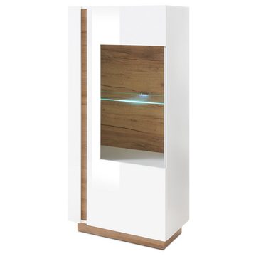 Lomadox Vitrine CELLE-61 weiß Glanz mit Abs. Grandson-Oak Eiche Nb. 72/154/40 cm