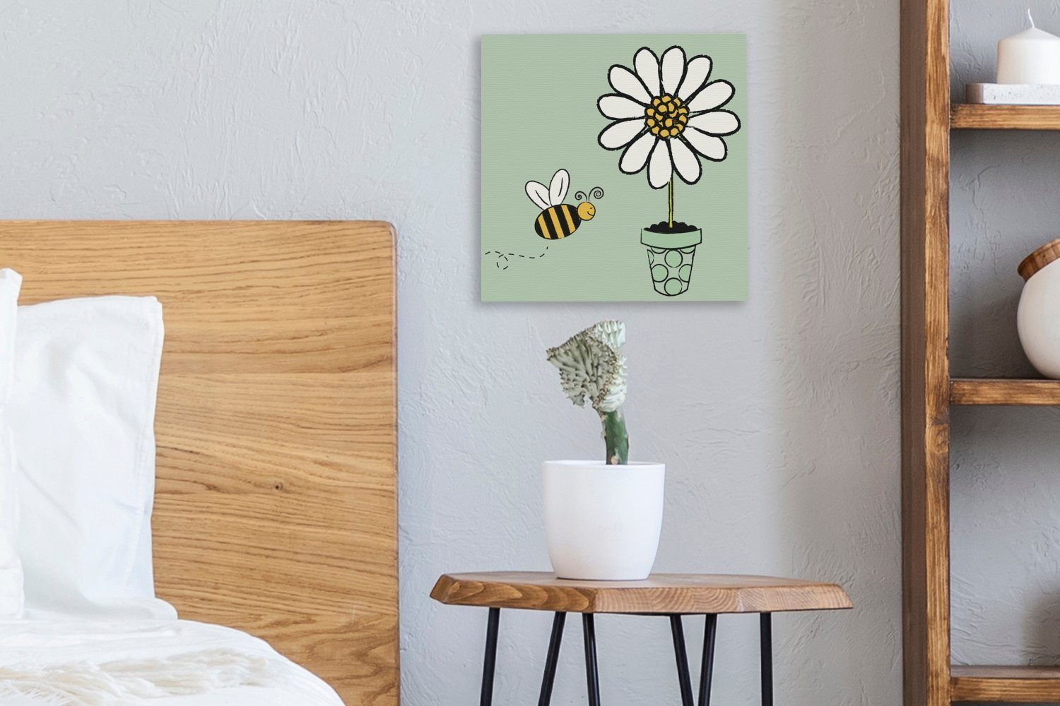 Schlafzimmer weiße Bilder Biene, Illustration einer die (1 eine für zufliegt, Leinwandbild Blume Leinwand St), auf OneMillionCanvasses® Wohnzimmer