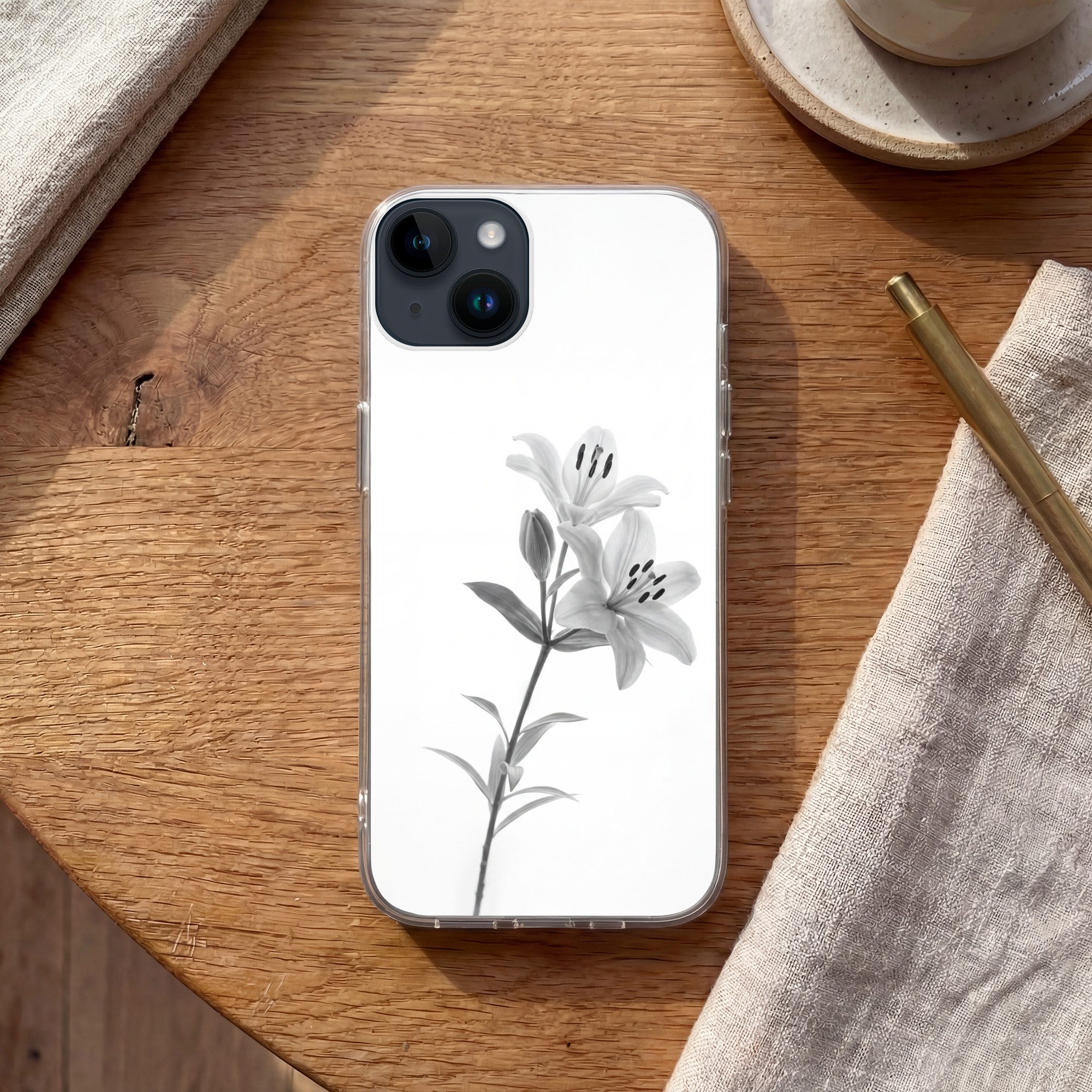 MuchoWow Handyhülle für Apple iPhone 14 Lilien - Elegant - Schwarz - Weiß, Smartphone-Bumper, Print, Handy Schutzhülle Dünn