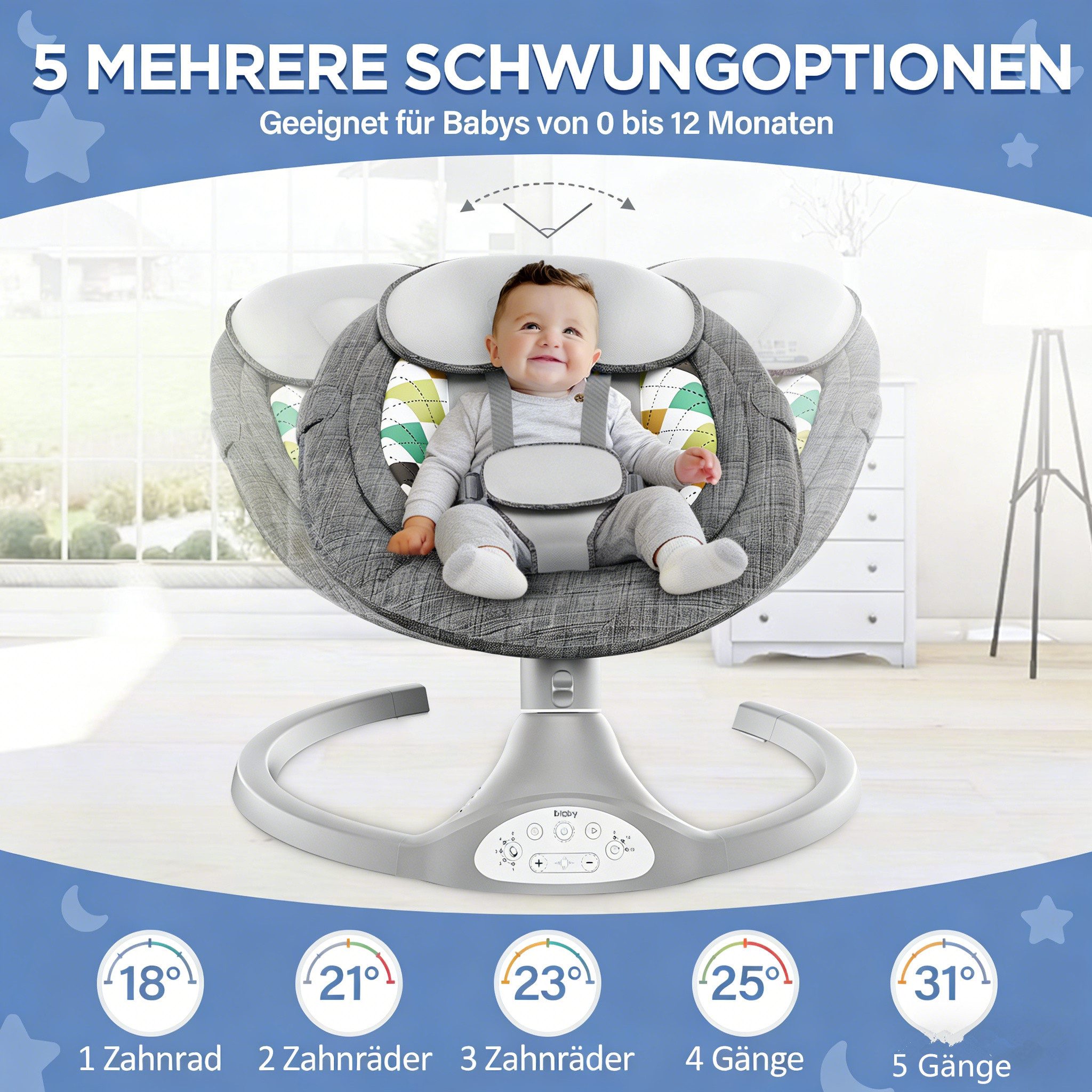 AUDEW Babyschaukel elektrische Babywippe 5 Gang einstellbar, mit Moskitonetz, Musik & Timer max. 9kg