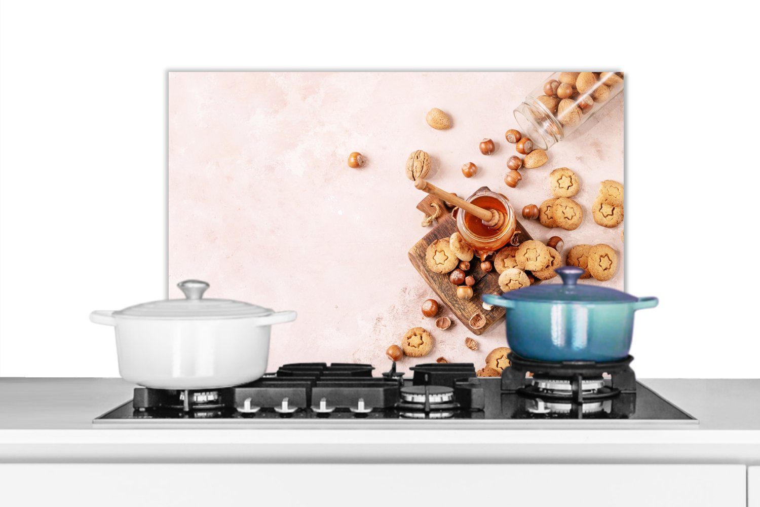 MuchoWow Küchenrückwand Kekse - Honig - Nüsse - Küche, (1-tlg), 60x40 cm, Herdblende aus Wandschutz, Temperaturbeständig küchen | Küchenrückwände