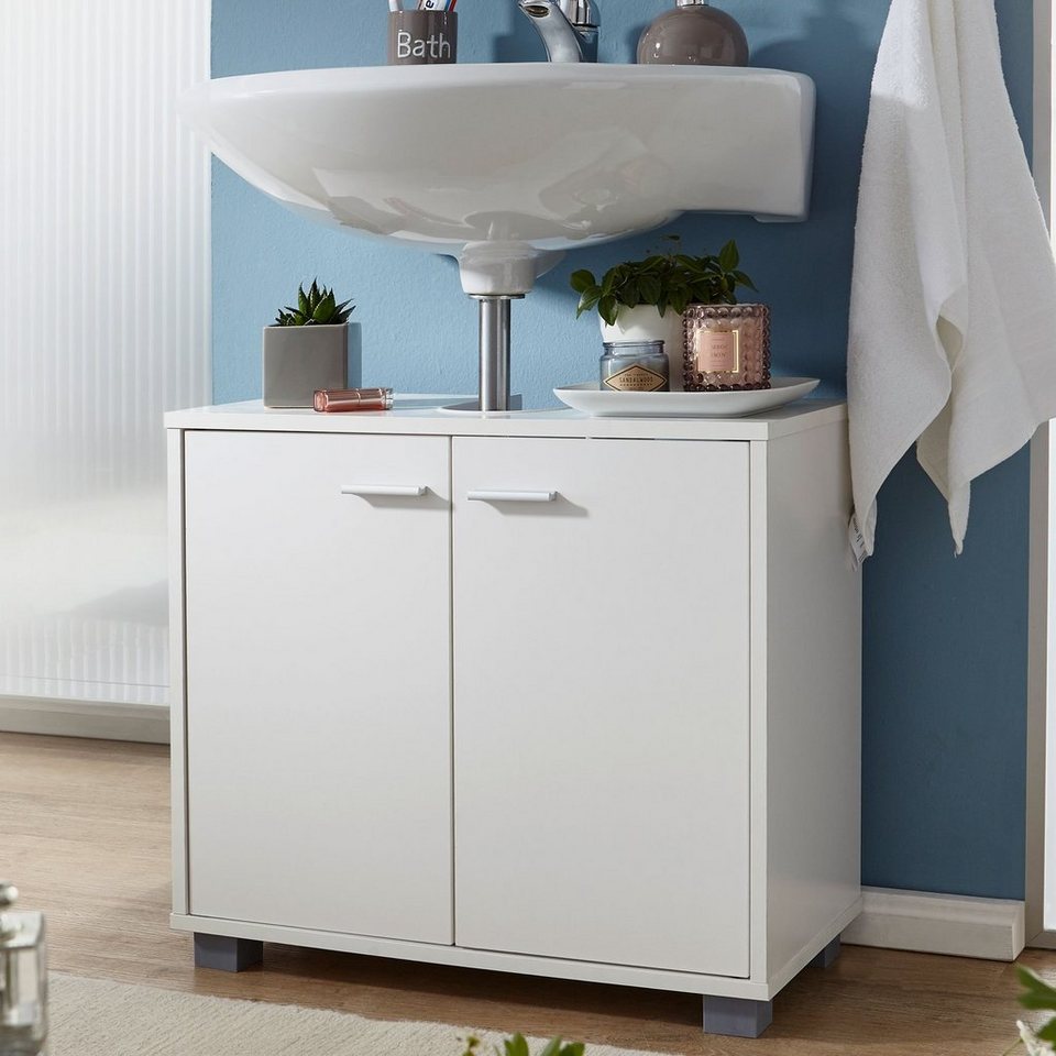 FINEBUY Waschbeckenunterschrank FB37117 (Badunterschrank 60x55x30 cm Weiß  mit 2 Türen) Waschtischunterschrank Modern, Badschrank Stehend