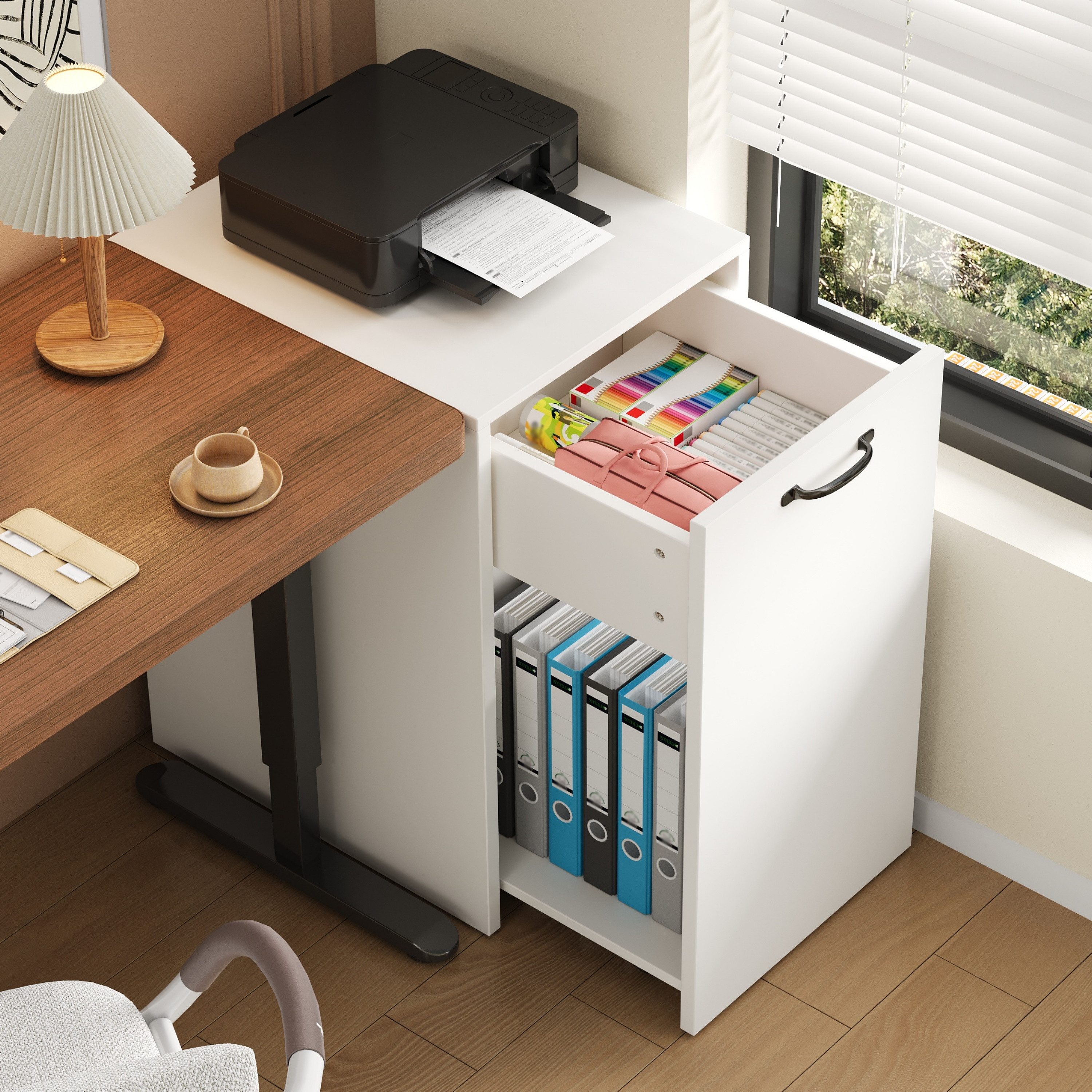 Flieks Aktenschrank Mehrzweckschrank Bücherregal, 2-stufiges Ausziehregal mit Rollen (1-St., 35x40x70 cm) Mobiler Büroschrank Bürocontainer Rollschrank mit Schubladen Weiß