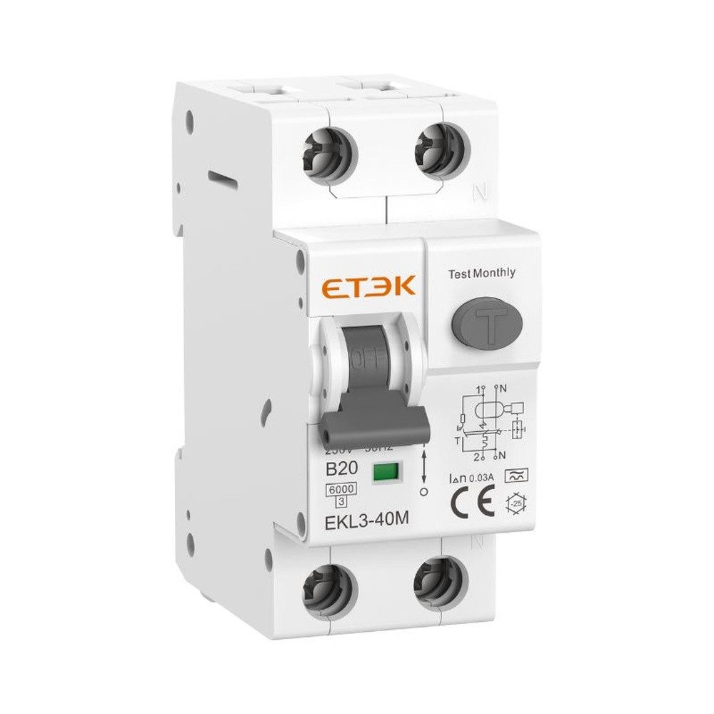 ETEK Electric Schalter ETEK FI-Schutzschalter/Leitungsschutzschalter 6kA 1P+N 20A 30mA EKL3, FI/LS (RCBO), Auslösecharakteristik B, Typ A (RCD)