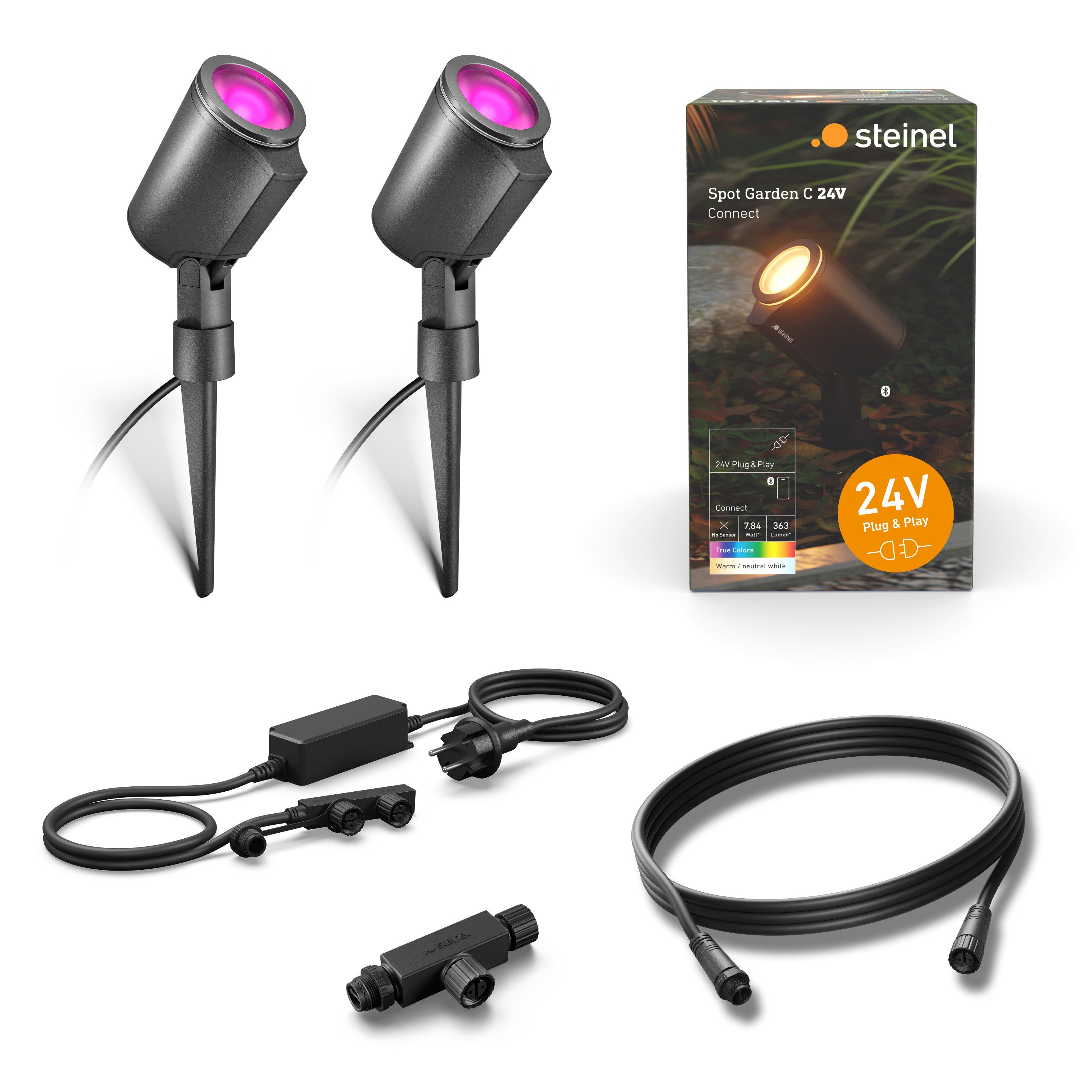 steinel Gartenstrahler Spot Garden 24 V, Starter-Set inkl. Netzteil, Kabel, T-Connector, LED fest integriert, 16 Mio. Farben, RGBWW, Dämmerungssensor, dimmbar, Zeitschaltuhr, Plug & Play