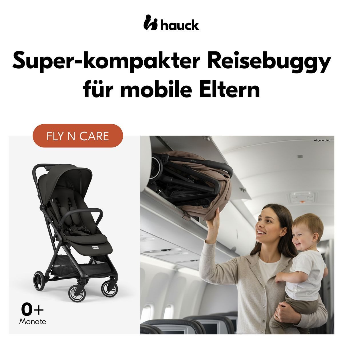 Hauck Kinder-Buggy Fly N Care - Black, Sportwagen Reisebuggy mit Liegefunktion & Einhand Faltung bis 22 kg