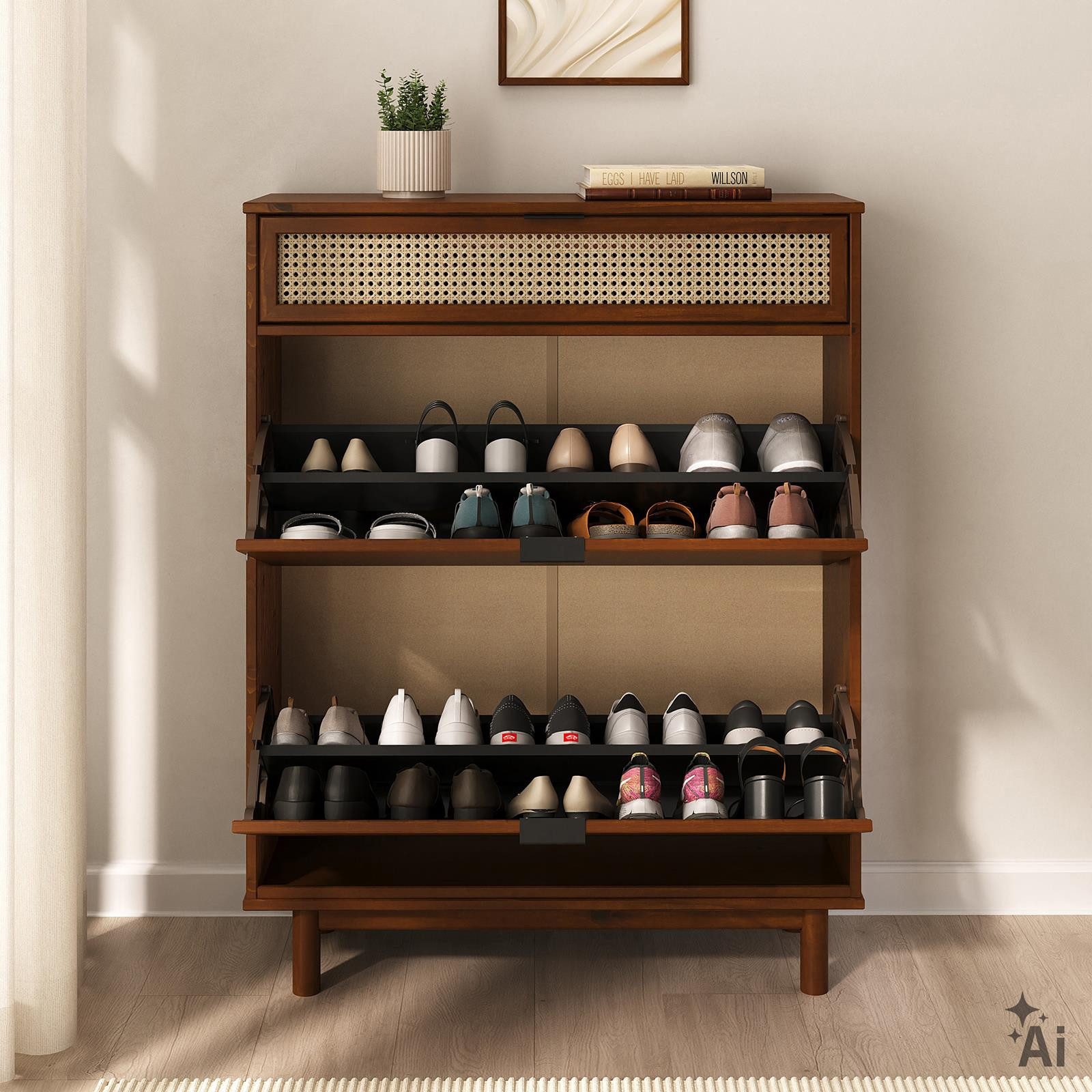 IDIMEX Schuhkipper JONTE, Schuhschrank aus Massivholz mit Rattangeflecht Kastanie Finish