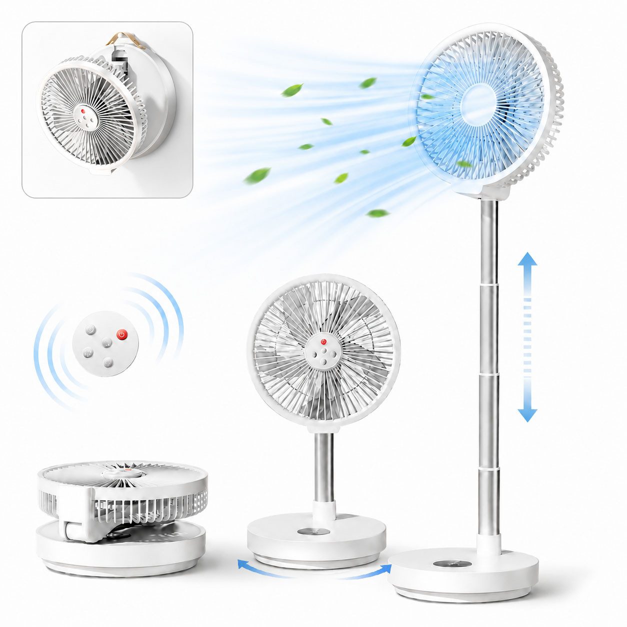 MOPUEA Standventilator Akku-Standventilator mit Fernbedienung, Tragbarer zusammenklappbarer, 6 einstellbaren, LED-Nachtlicht, USB-C, für Schlafzimmer und Camping