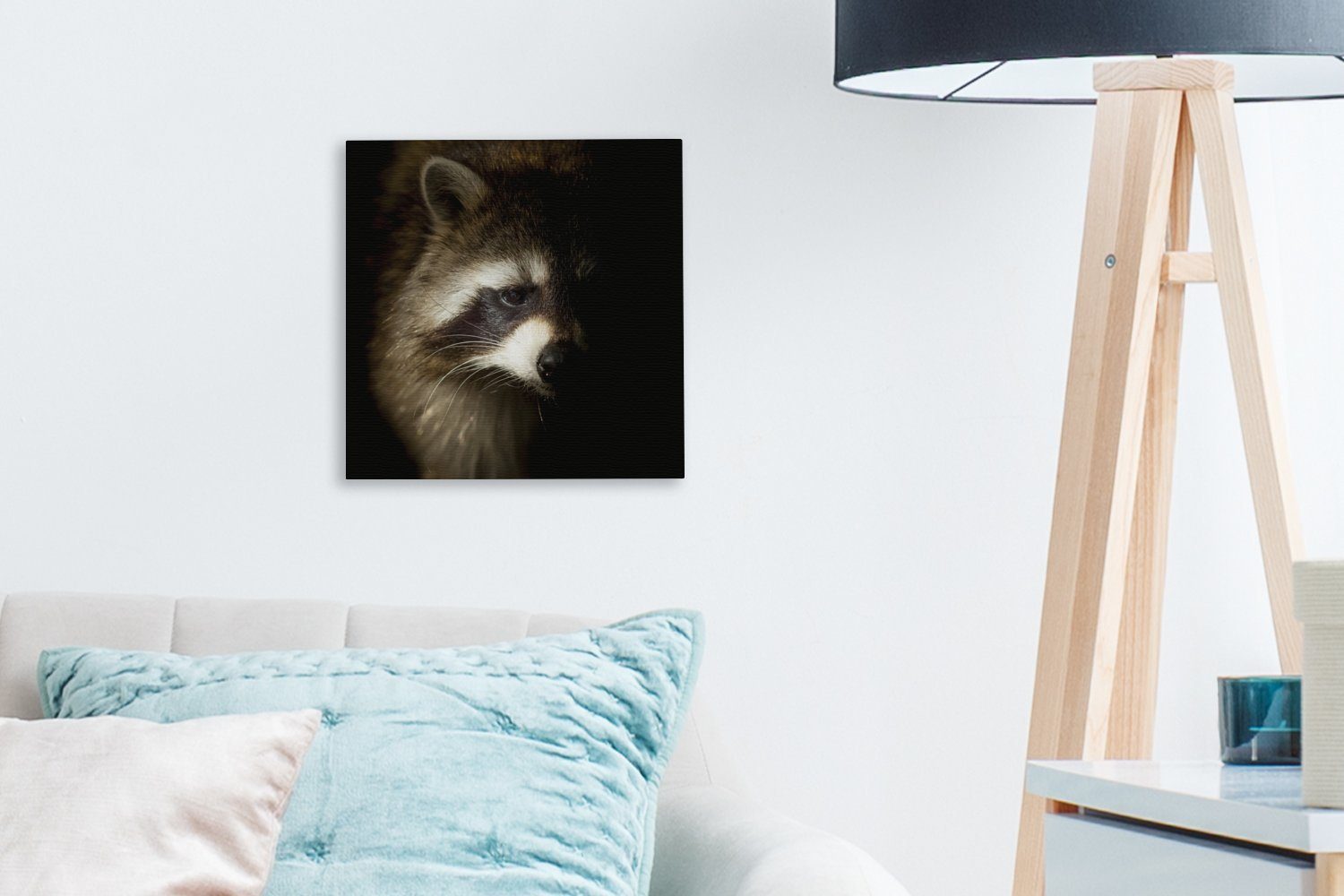 OneMillionCanvasses® Leinwandbild Waschbär - Wilde für Tiere Schlafzimmer - (1 St), Leinwand Wohnzimmer Schwarz, Bilder