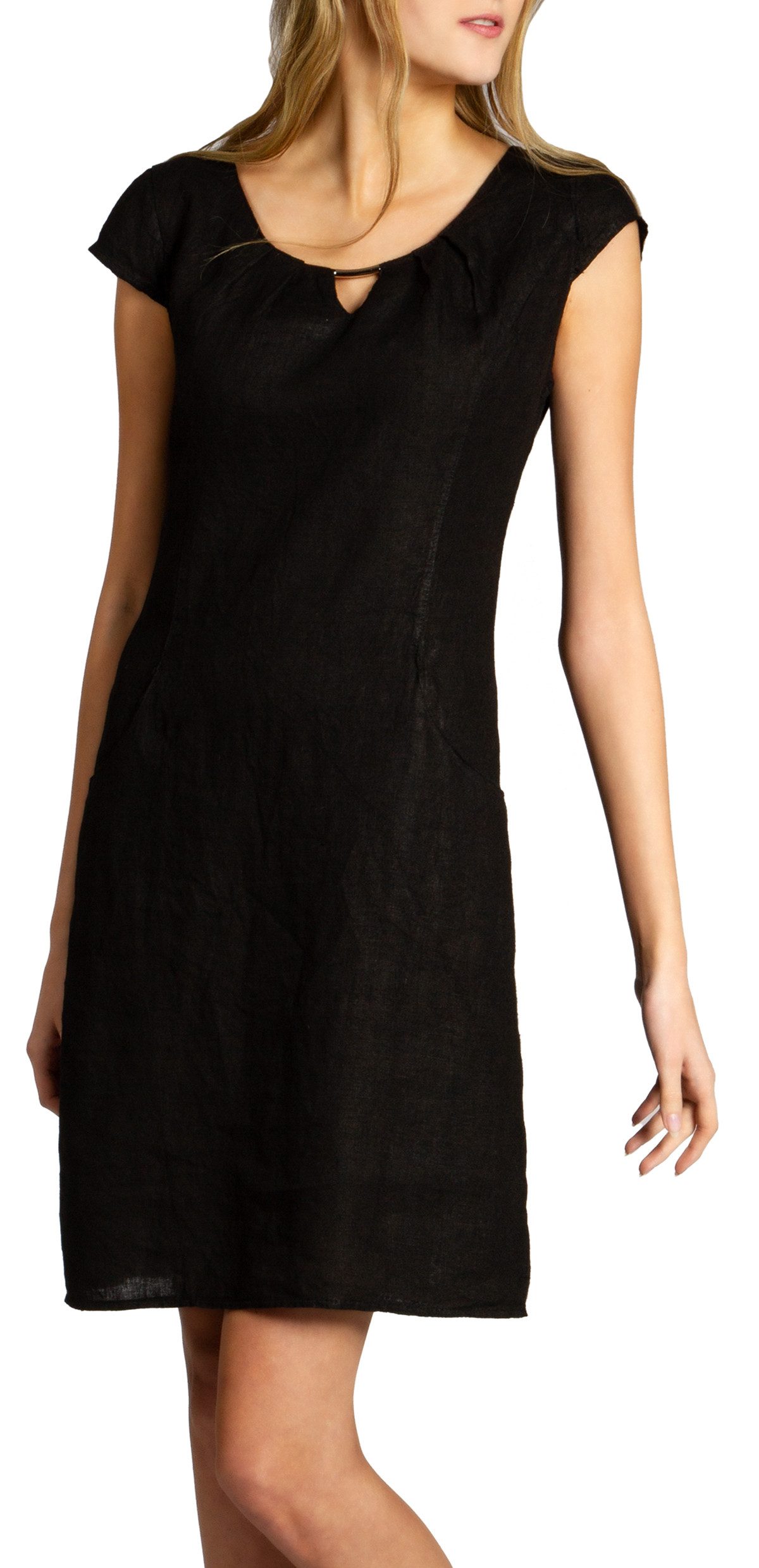 Caspar Sommerkleid SKL020 knielanges Damen Sommer Leinenkleid mit eleganter Metallspange Luftig leicht, figurumspielende Form, mit seitlichem Jersey-Einsatz