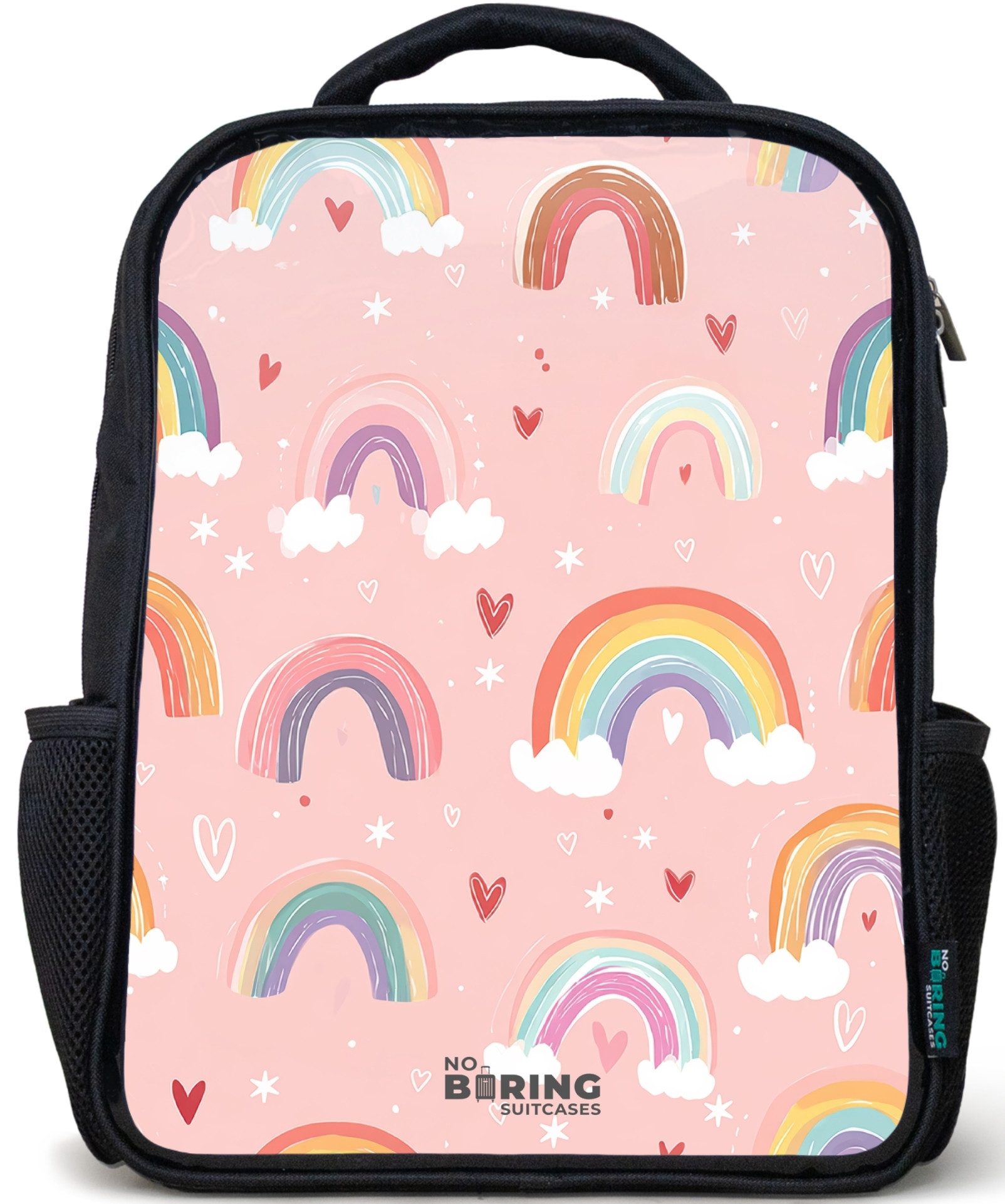 NoBoringSuitcases.com© Rucksack Schwarz - Regenbögen auf einem rosa Hintergrund, Kinderrucksack Schwarz, Schulrucksack, Freizeitrucksack Jungen Mädchen