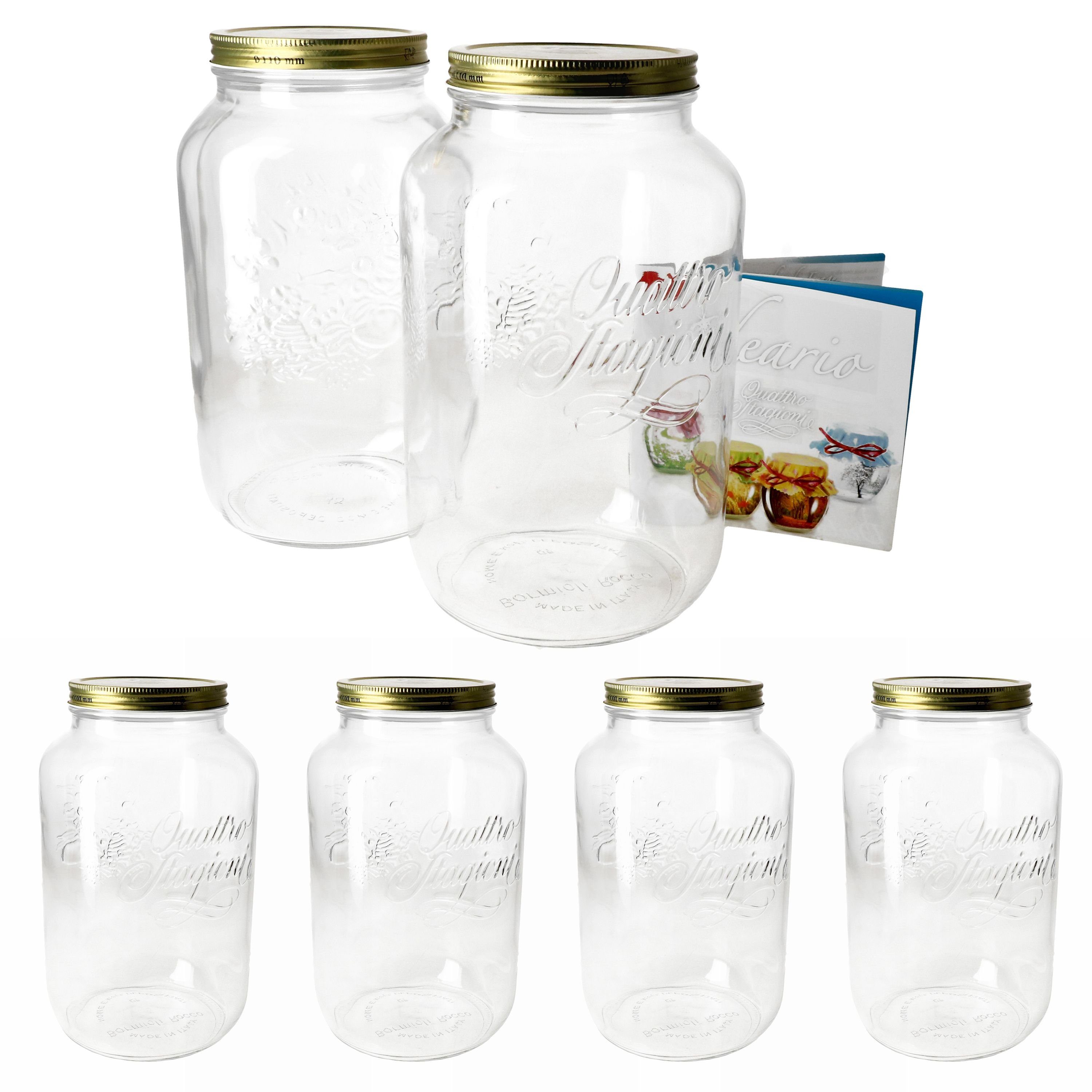 Bormioli Rocco Einmachglas 6er Set 11 jeweils: 1,4 Glas, Maße Liter, 11 mit 3,8 / 1,5 Ø 3,8 Vorratsglas H kg Ø cm, Deckel: Liter Quattro Rezeptheft, cm H 26,5 cm, cm