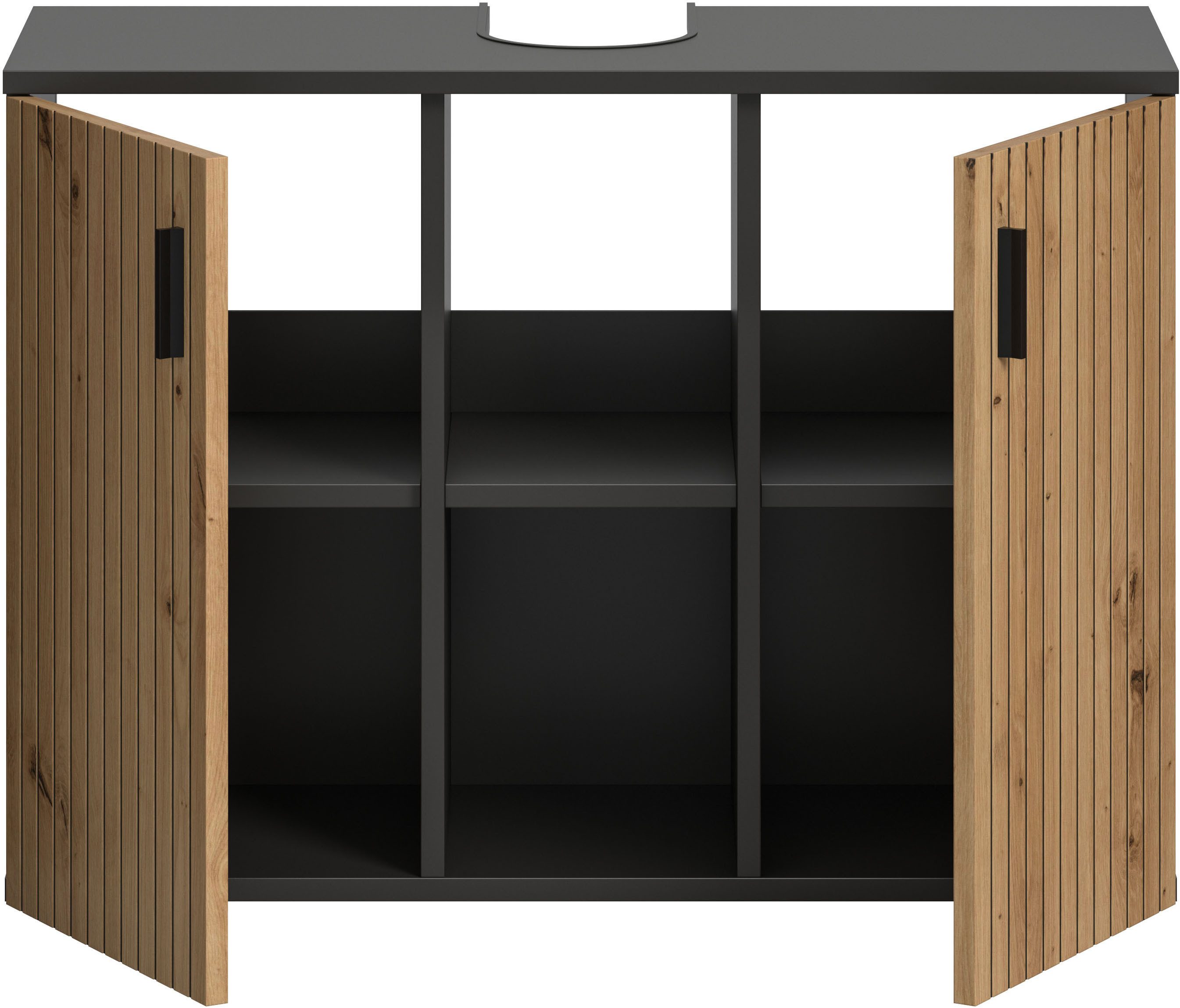 welltime Waschbeckenunterschrank MANI, Paneeloptik, 2 offene Fächer, Siphonausschnitt (1-St) WBU, Waschbeckenunterschrank, Unterschrank, Badschrank, Badezimmer – Bild 4 von 5