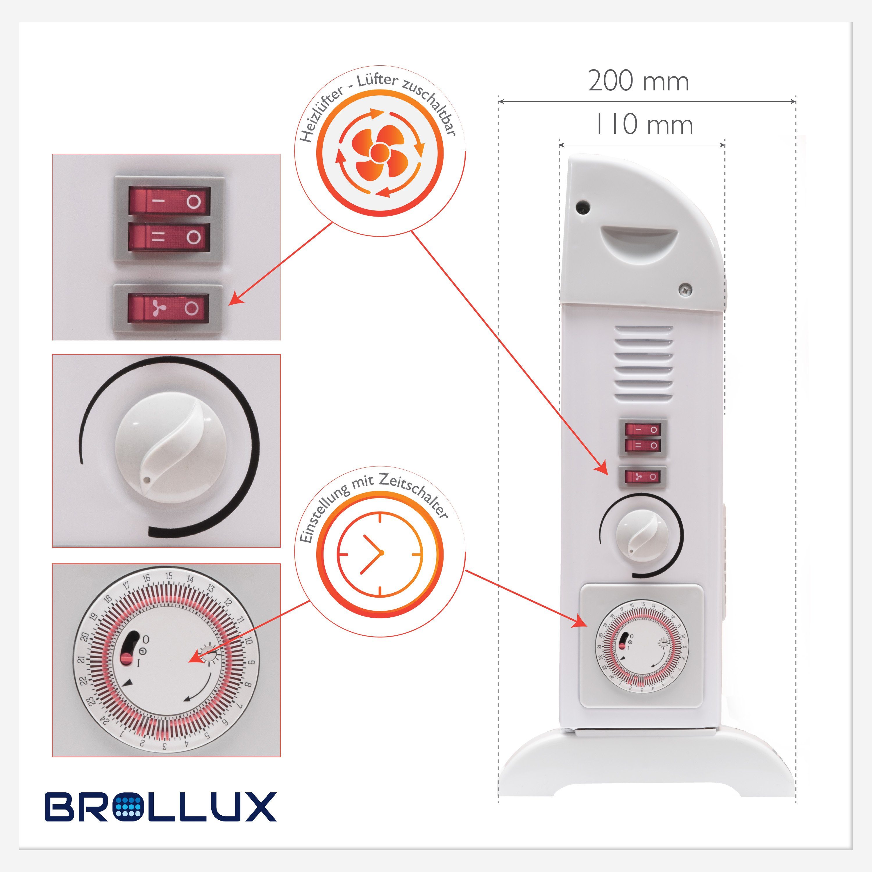 BROLLUX Heizgerät Elektroheizung, 2000 W, Konvektor 2000W Zeitschaltuhr Heizung Lüfter mit programmierbar