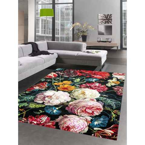 Teppich Teppich Wohnzimmer Designerteppich Blumen Herbstblumen Blumenstrauß schwarz rot, Carpetia, rechteckig, Höhe: 13 mm