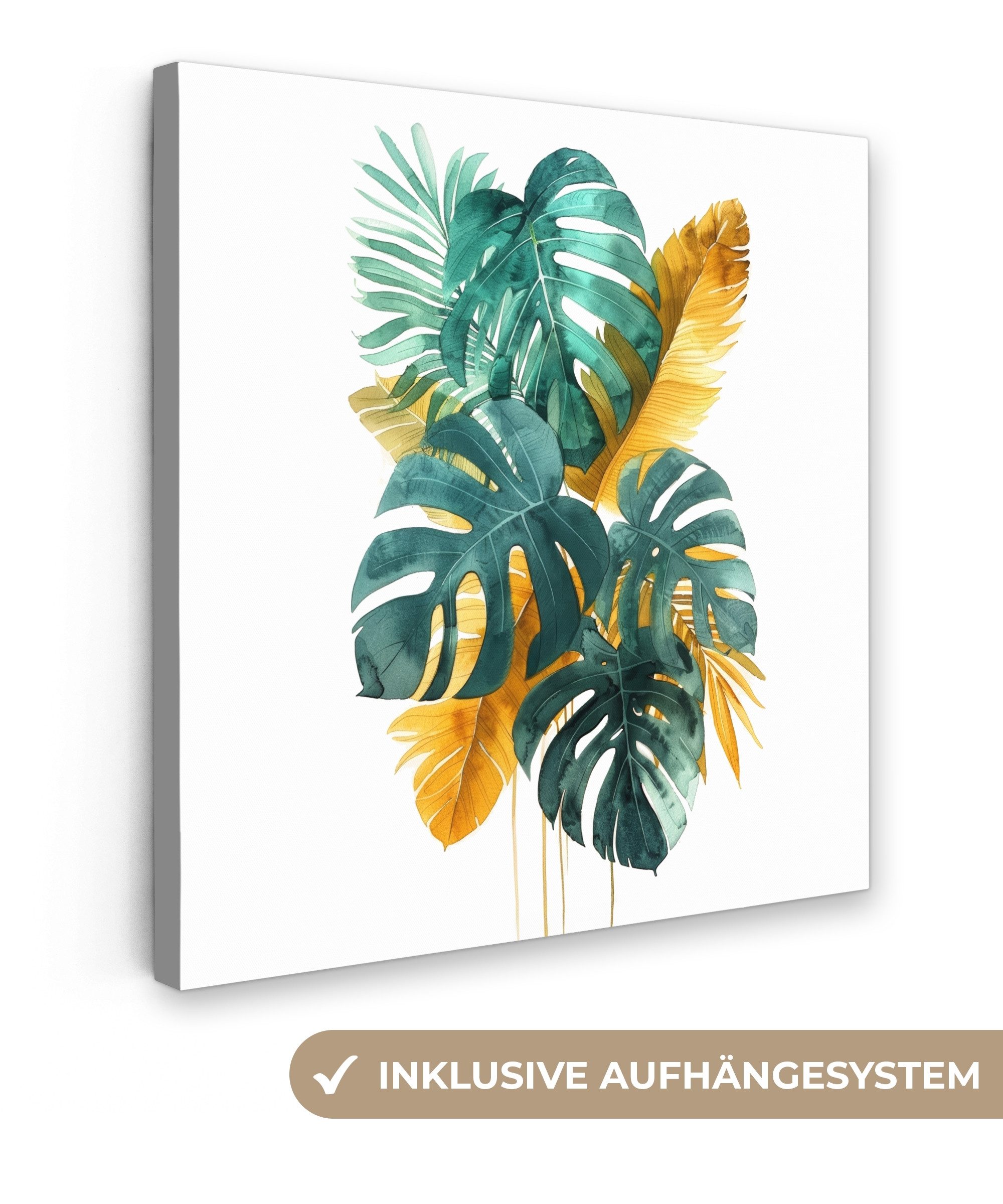 OneMillionCanvasses® Leinwandbild Blätter - Tropisch - Gold - Grün - Modern, Fotodruck (1 St), Wandbild, Deko Schlafzimmer Wohnzimmer Flur 20x20 cm